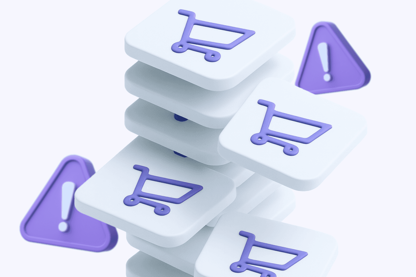 Stacked white tiles with purple shopping carts and warning triangles