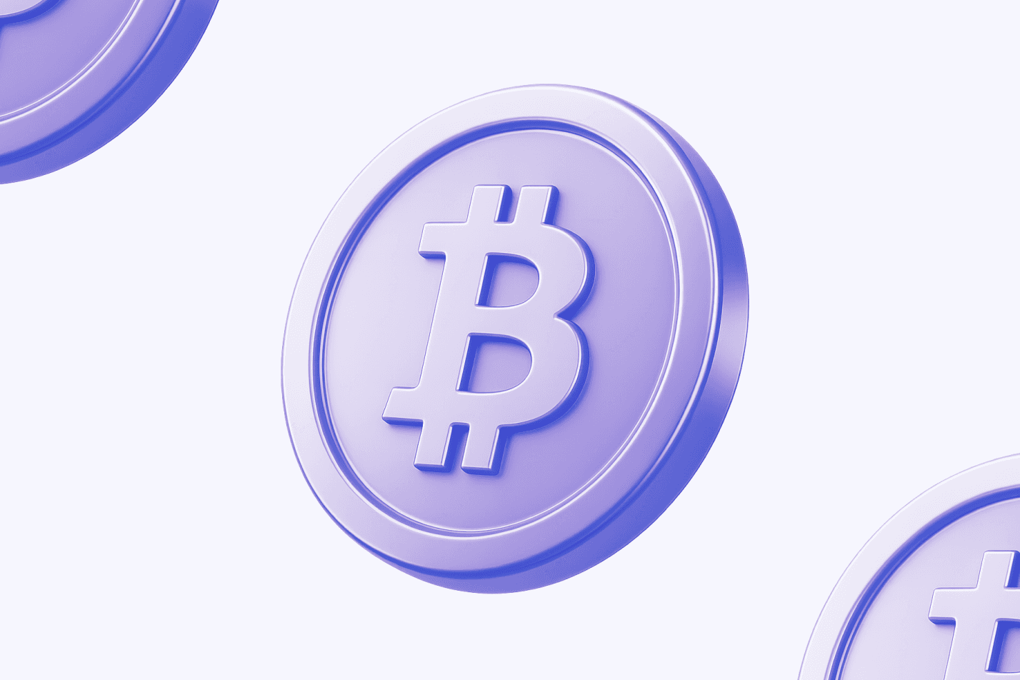 Purple 3D Bitcoin coins on a pale background