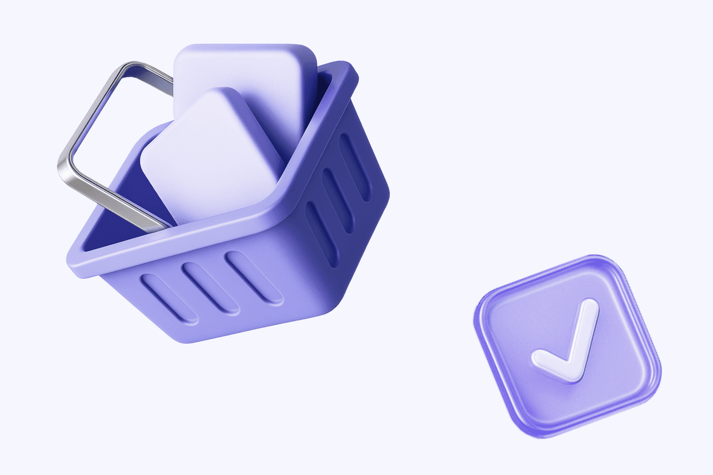Purple basket spilling tiles beside a floating checkmark tile