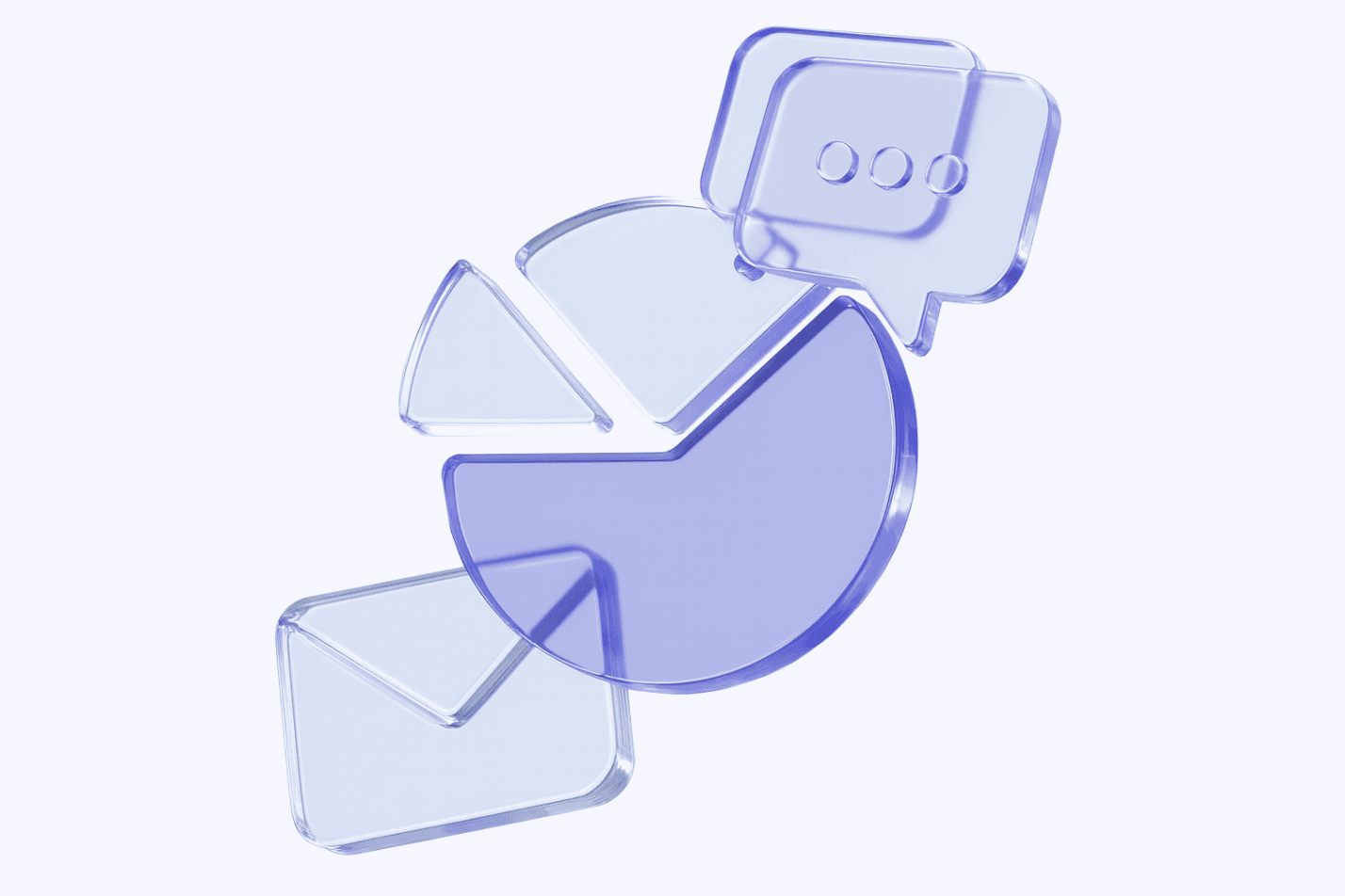 Translucent purple pie chart with a chat bubble and an envelope