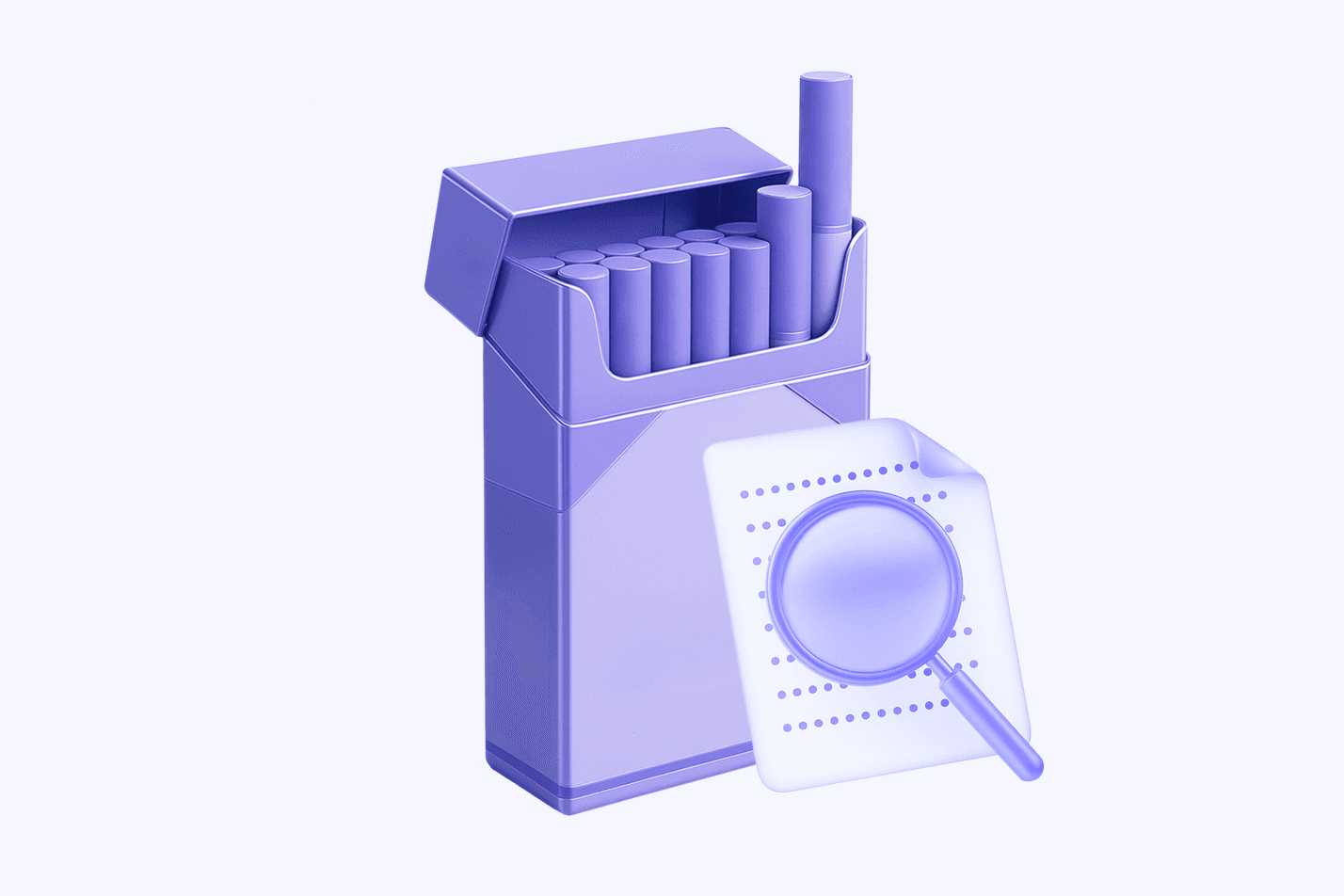Purple cigarette pack in front of a document inspected with a magnifying glass