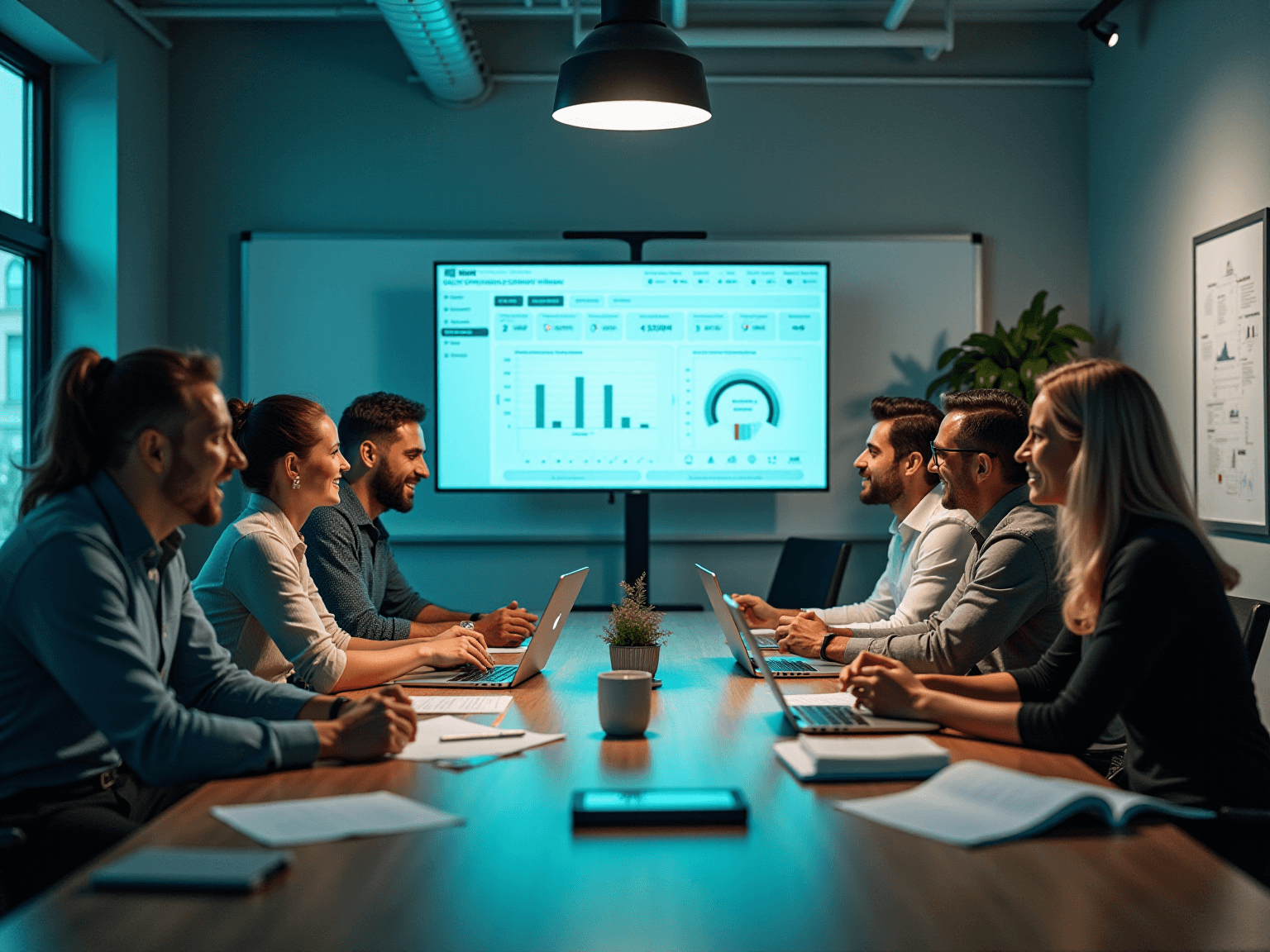 Team at a long table in a boardroom with a wall screen of dashboards and laptops