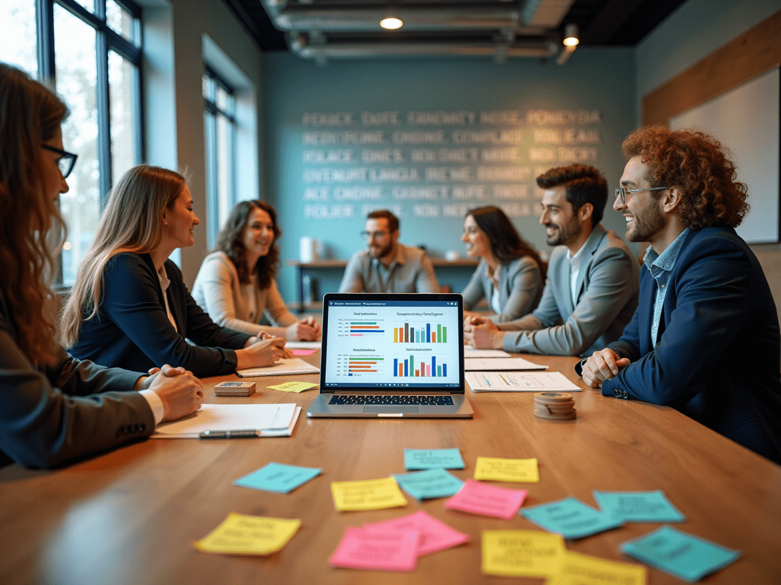 Team at a conference table around a laptop showing charts, with colorful sticky notes on the table