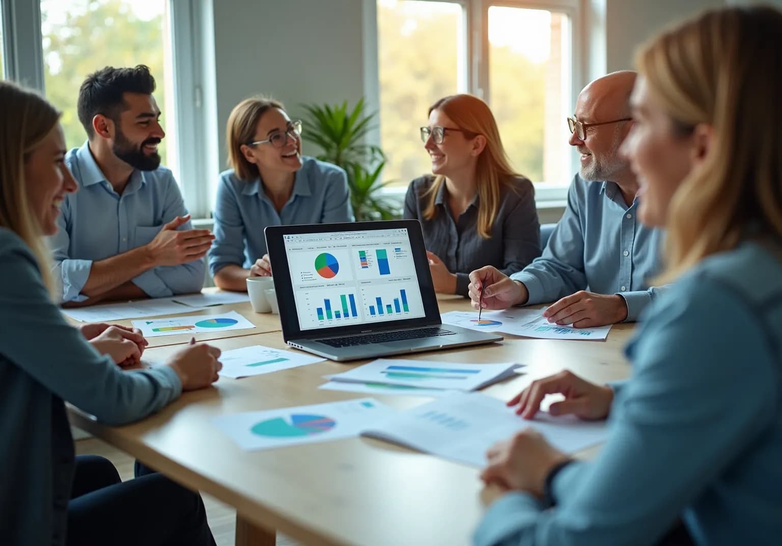 Team around a conference table reviewing charts on a laptop
