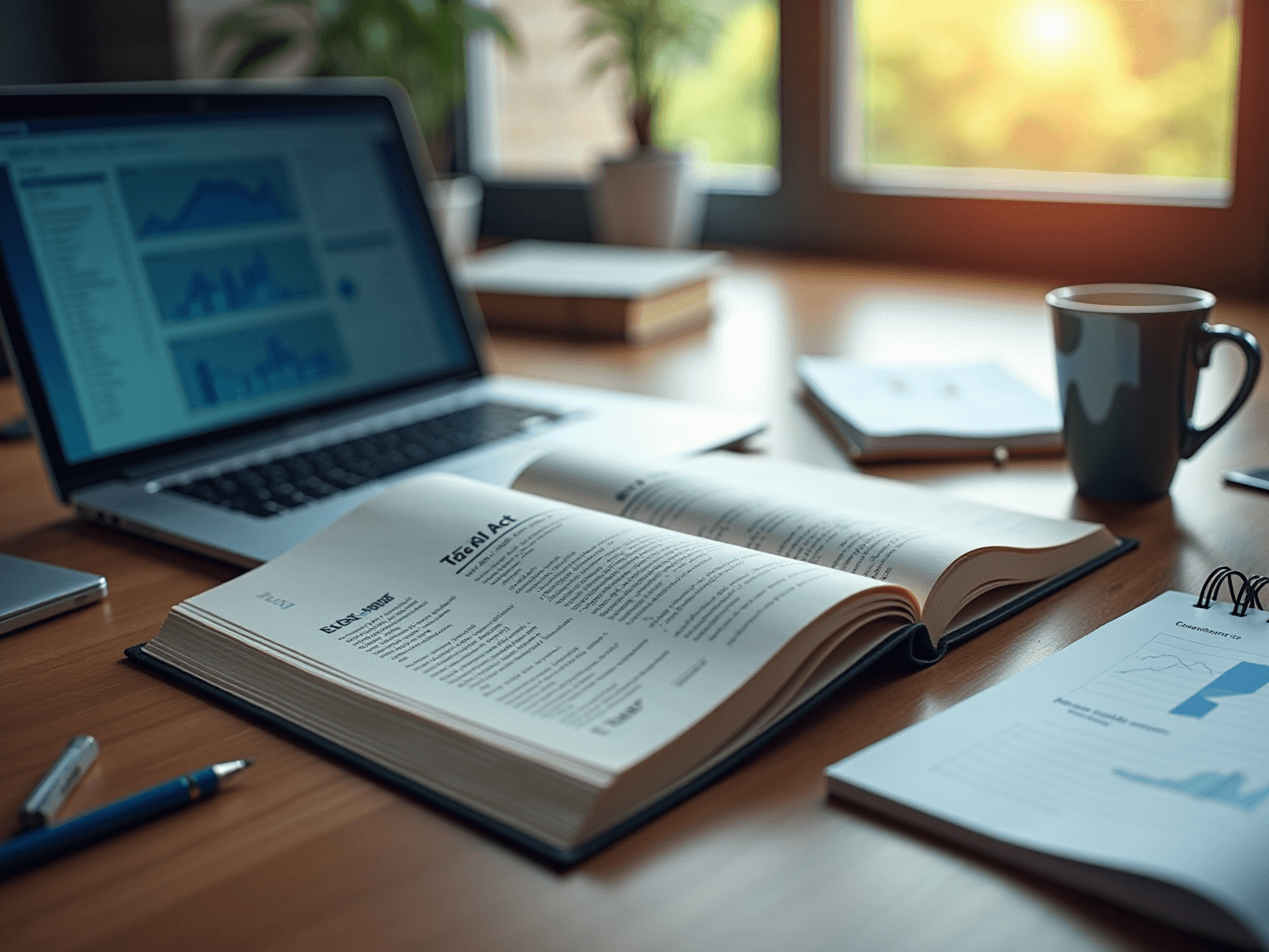 Open book on a desk beside a laptop showing charts, with a mug and a notebook