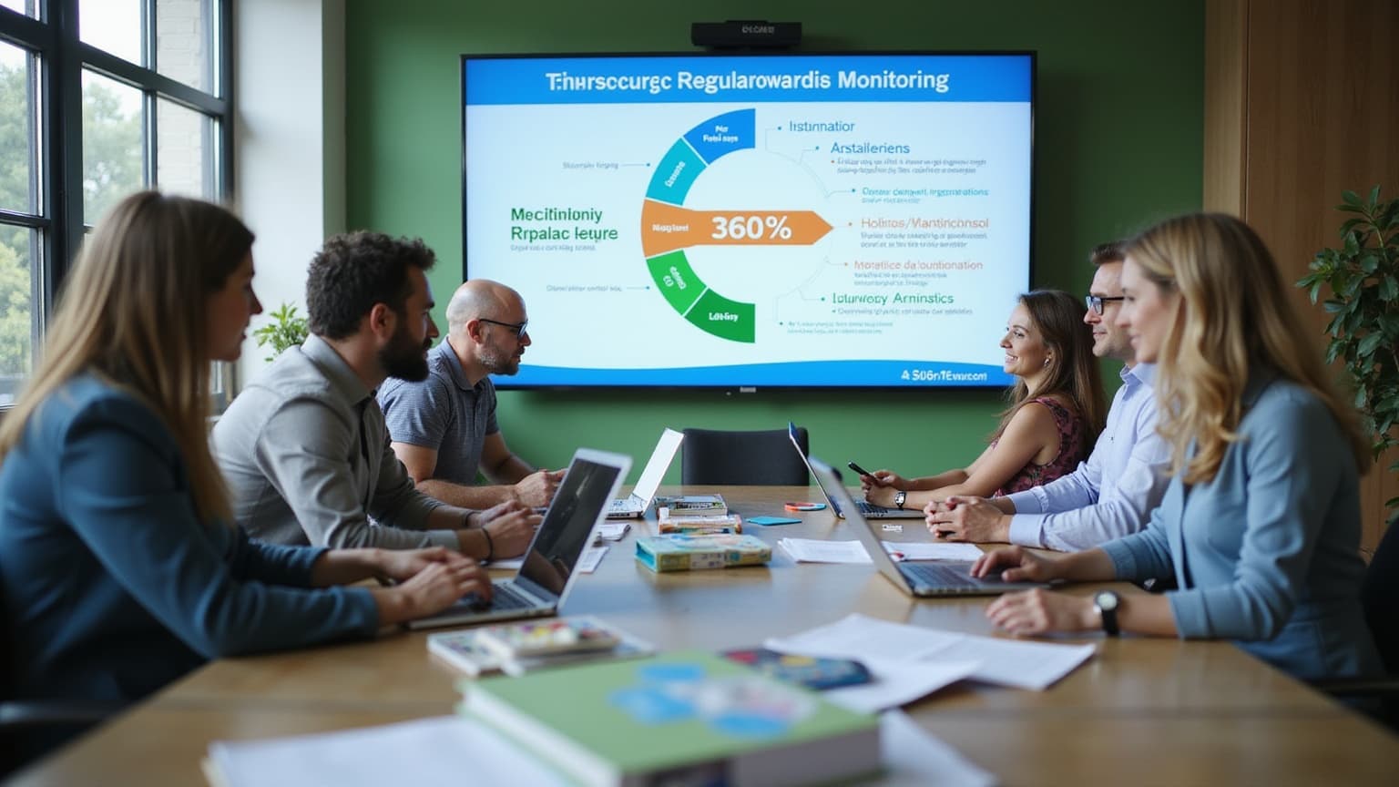 Team at a conference table watching a wall screen with a colorful 360% ring diagram