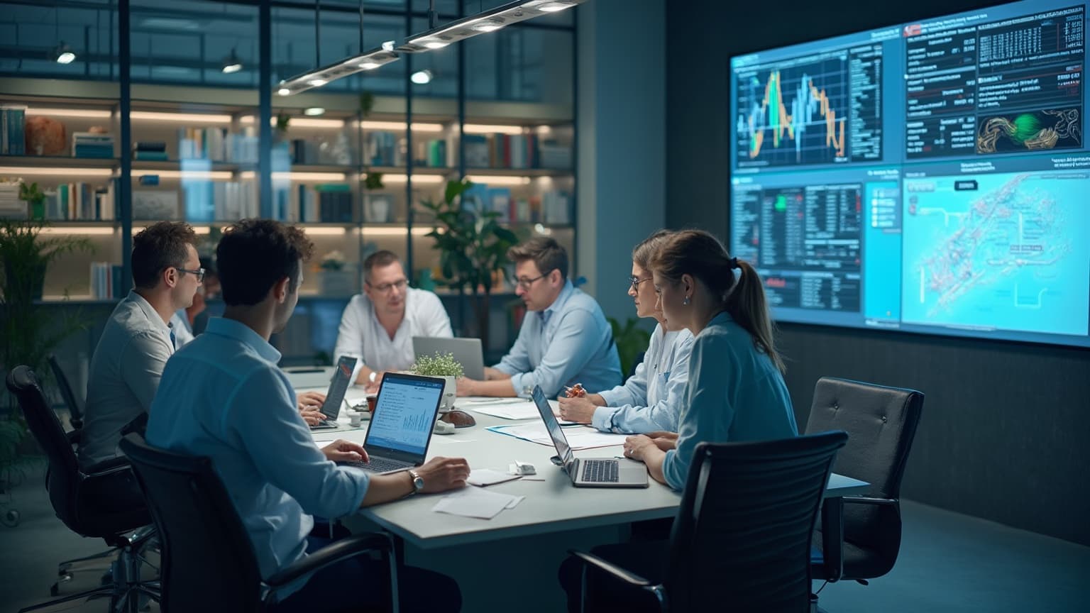 Team at a table with laptops, facing a wall screen of dashboards and a map