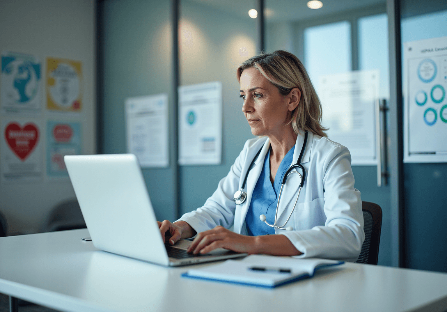Doctor in a white coat working at a laptop, with HIPAA posters on the wall