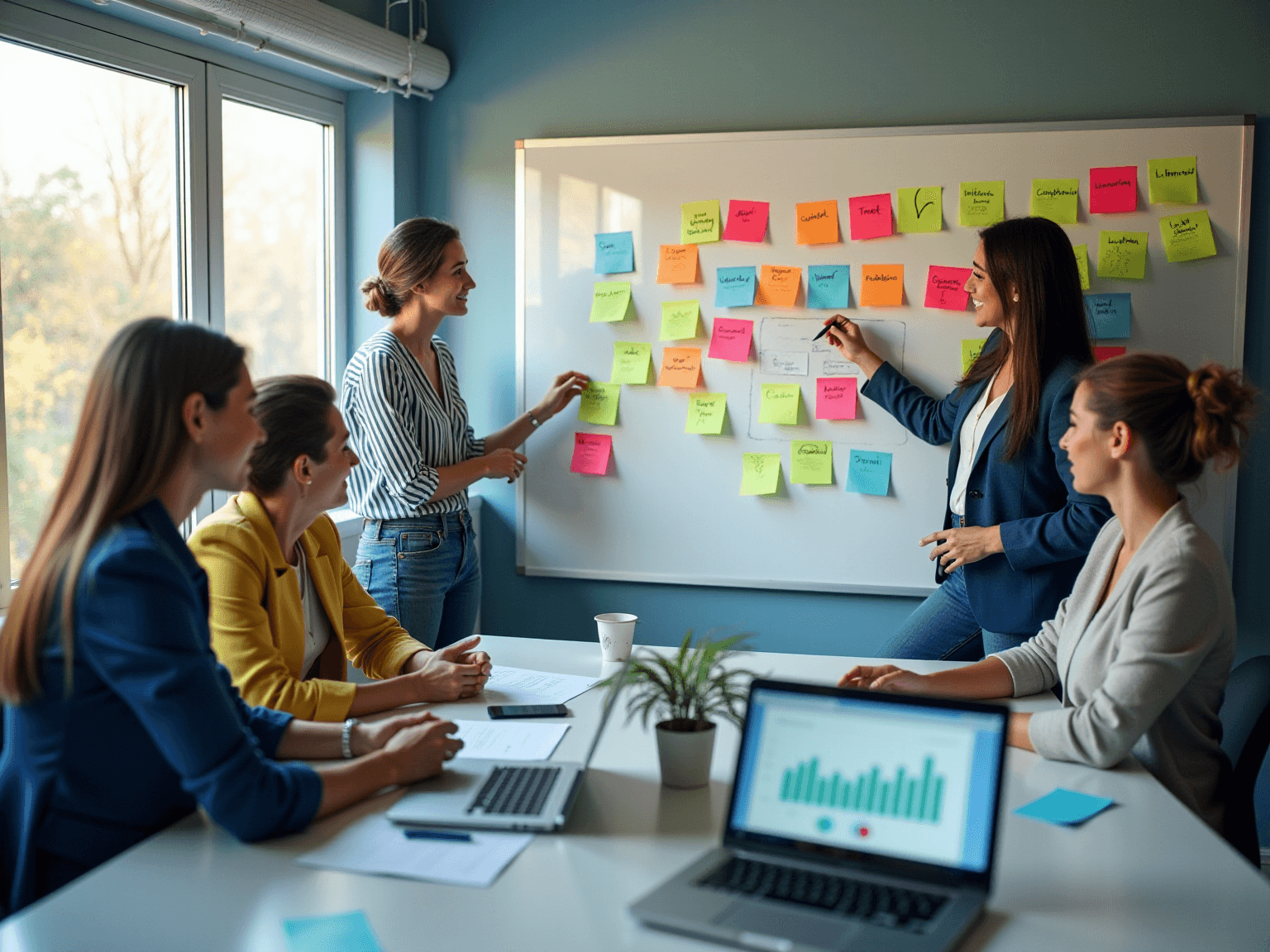 Team around a whiteboard of colorful sticky notes, with a laptop showing a bar chart on the table