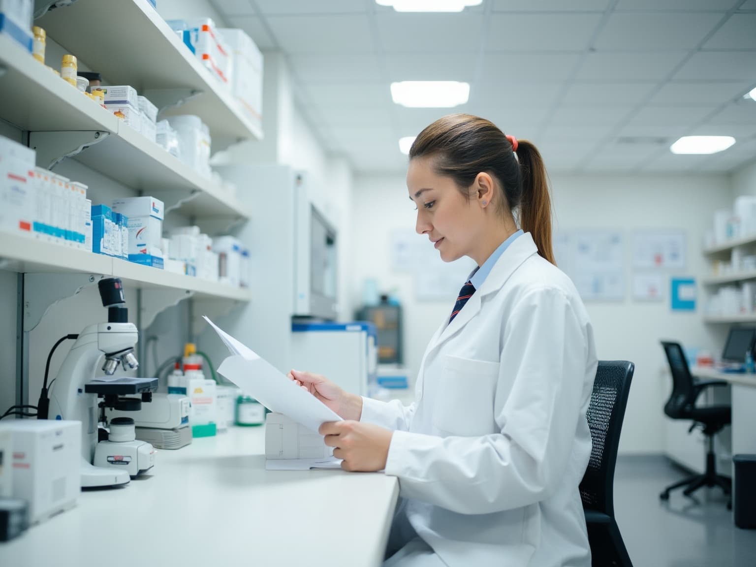 Woman in a white lab coat reading a document beside shelves of boxed products
