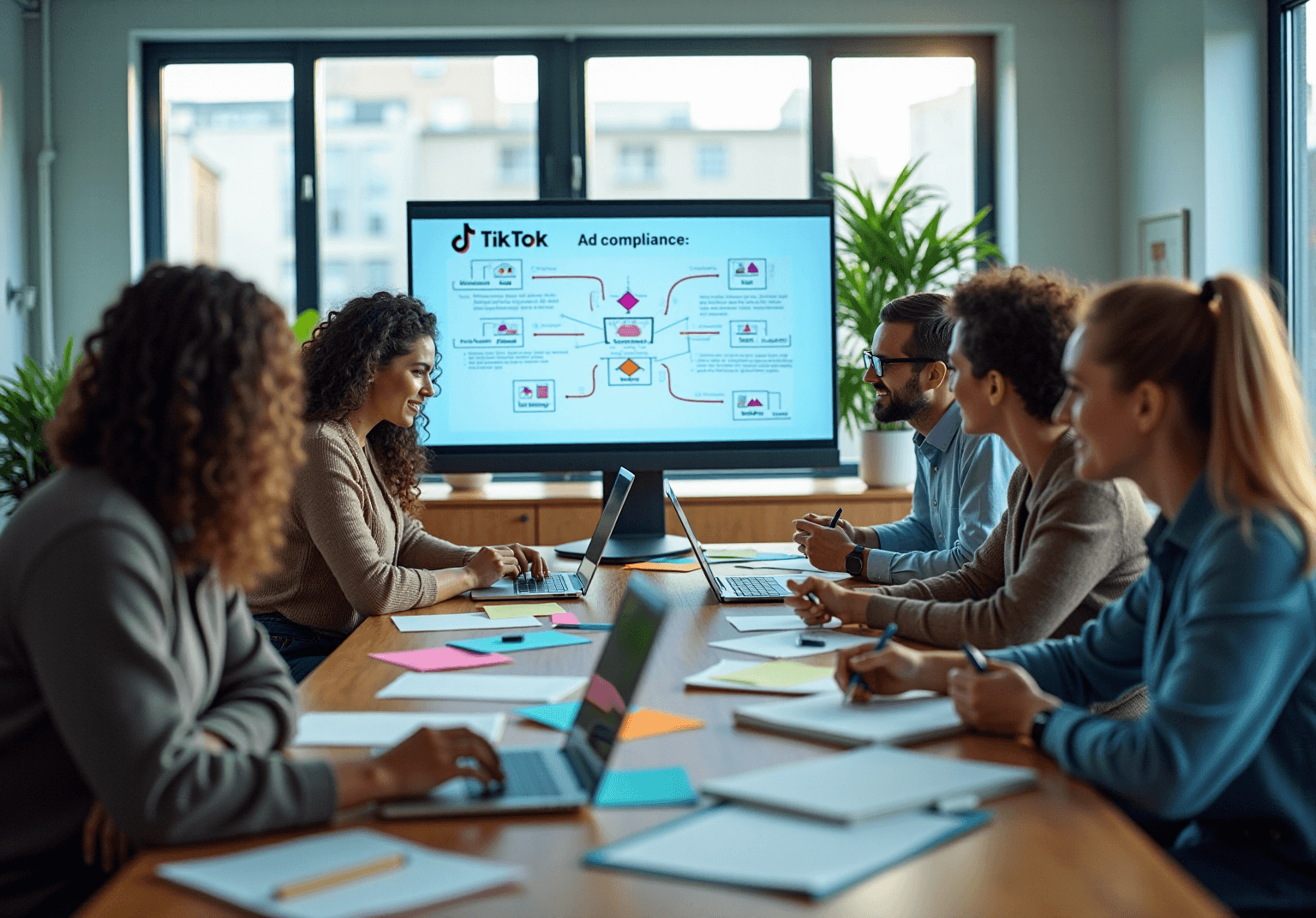 Team in a meeting, with a wall screen showing a TikTok ad compliance flowchart