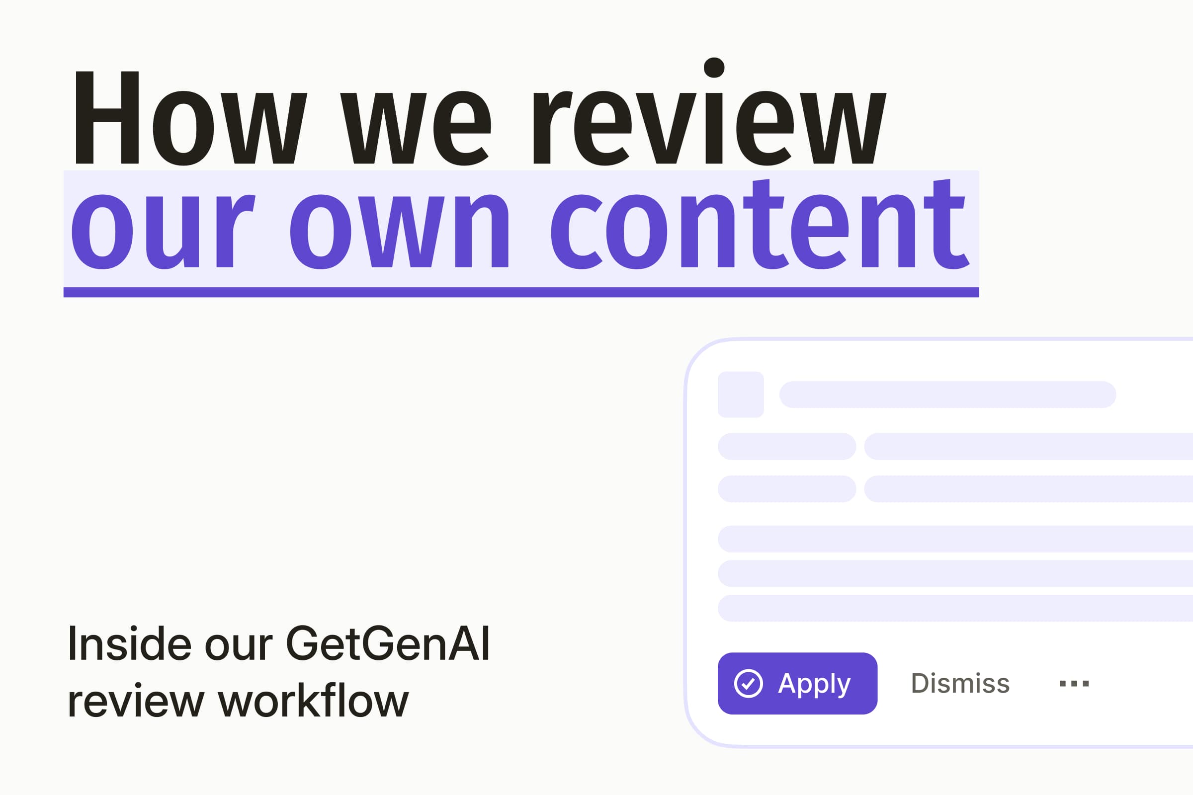 Purple Inspack review workflow graphic with the headline 'How we review our own content' and an Apply button