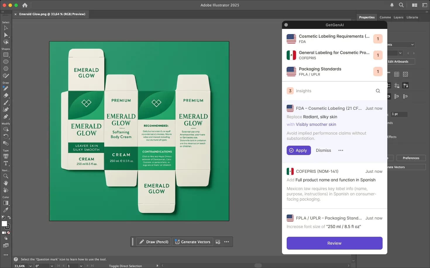 Inspack Adobe Illustrator plugin reviewing product packaging design in real time, flagging compliance violations and suggesting fixes
