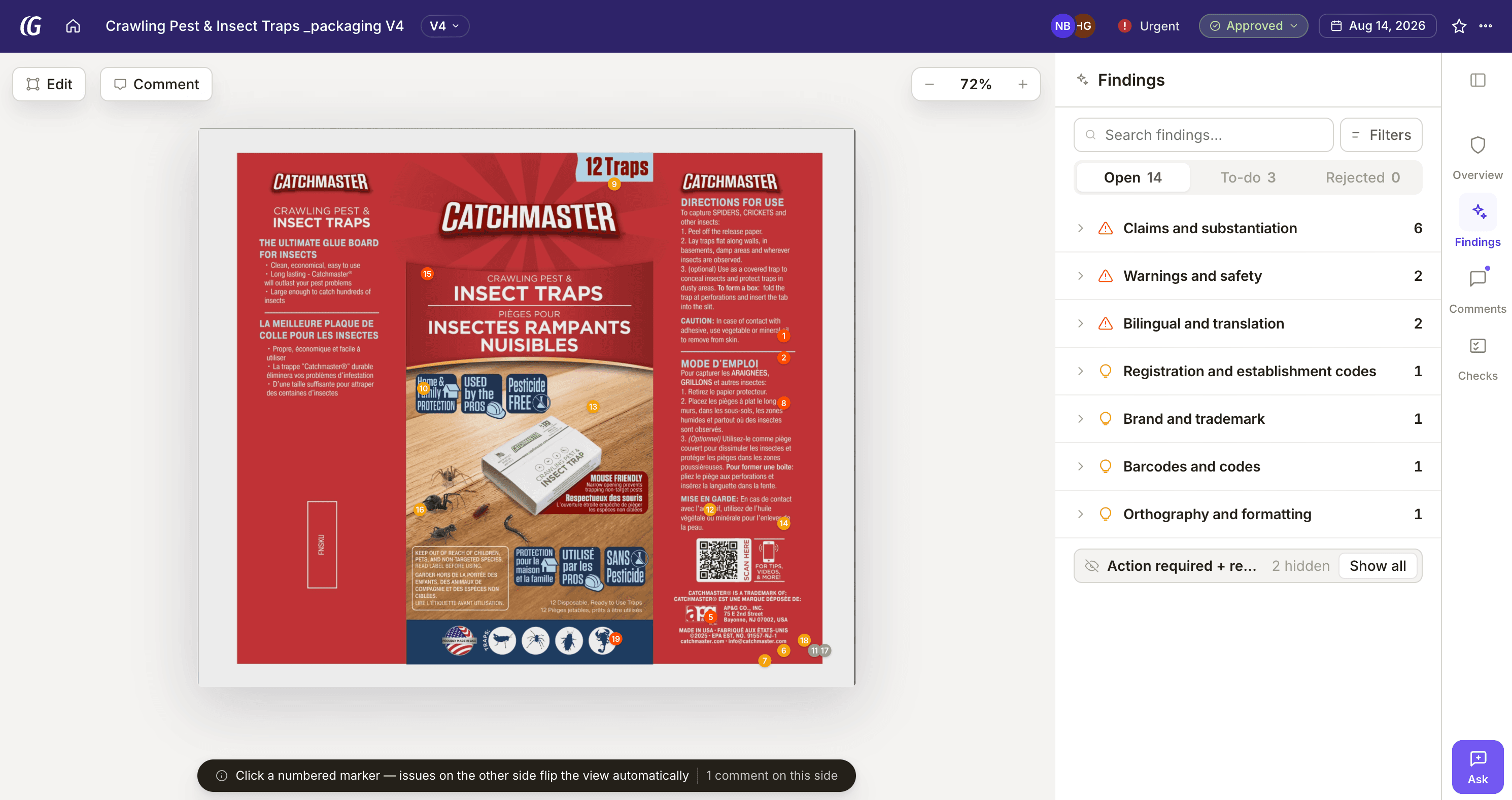 Inspack web app showing findings on a Catchmaster carton