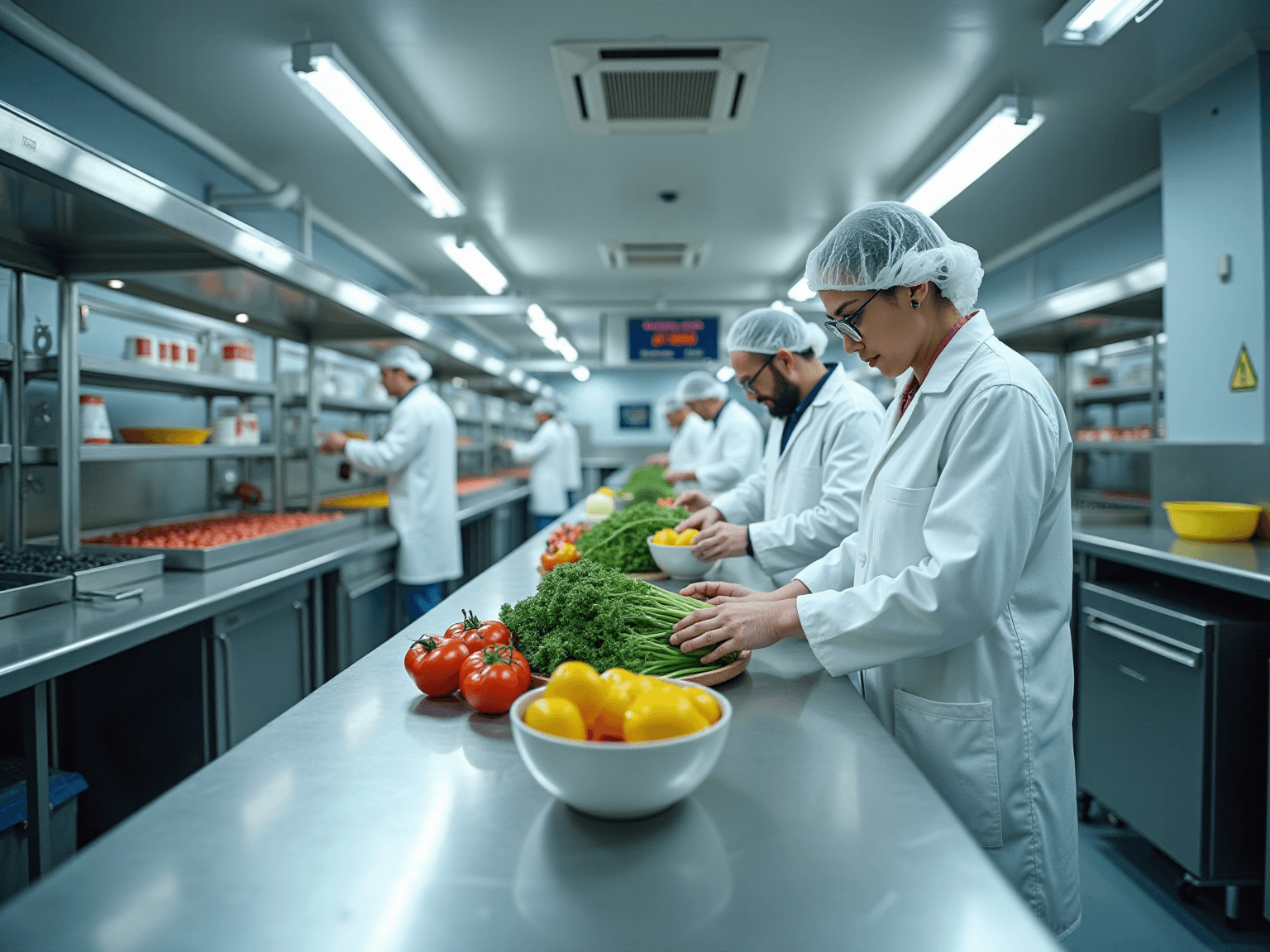 Staff in white coats and hairnets preparing vegetables on a stainless steel line in a food facility