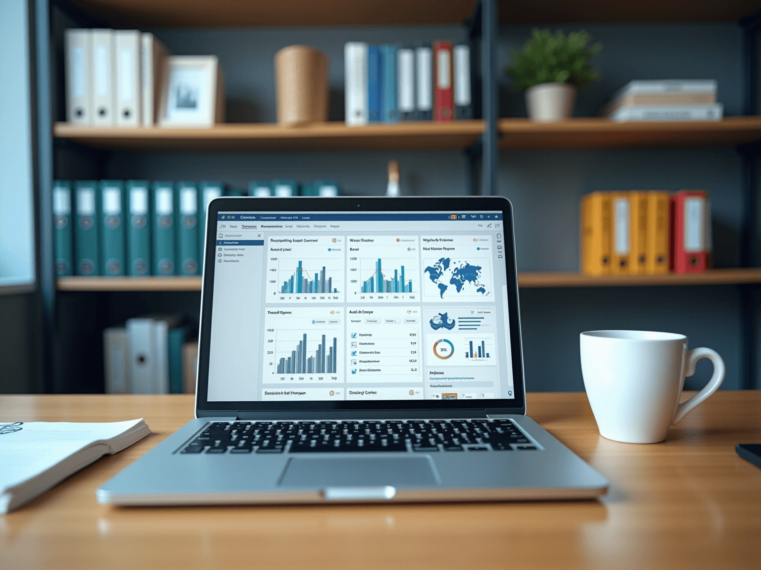 Laptop on a desk showing an audit dashboard of charts and a world map, beside binders and a mug