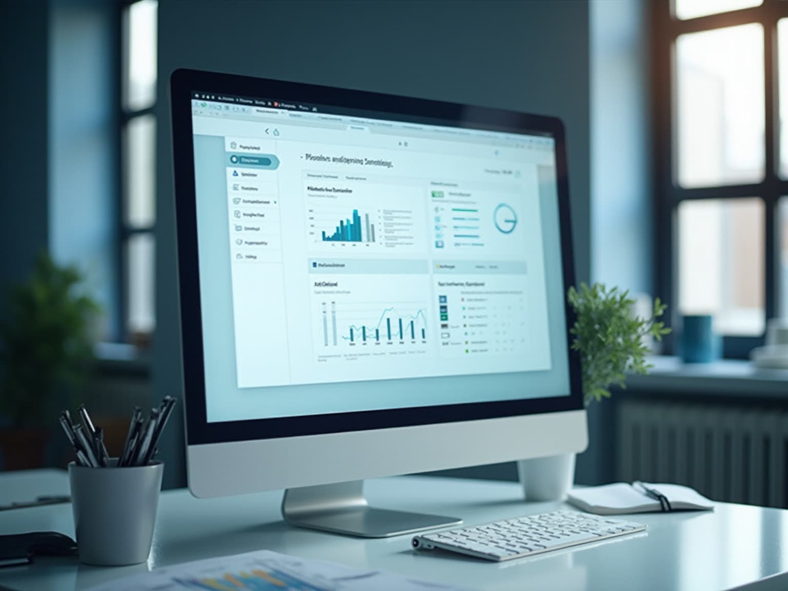 Monitor on a desk showing an email analytics dashboard with charts, with a keyboard in front