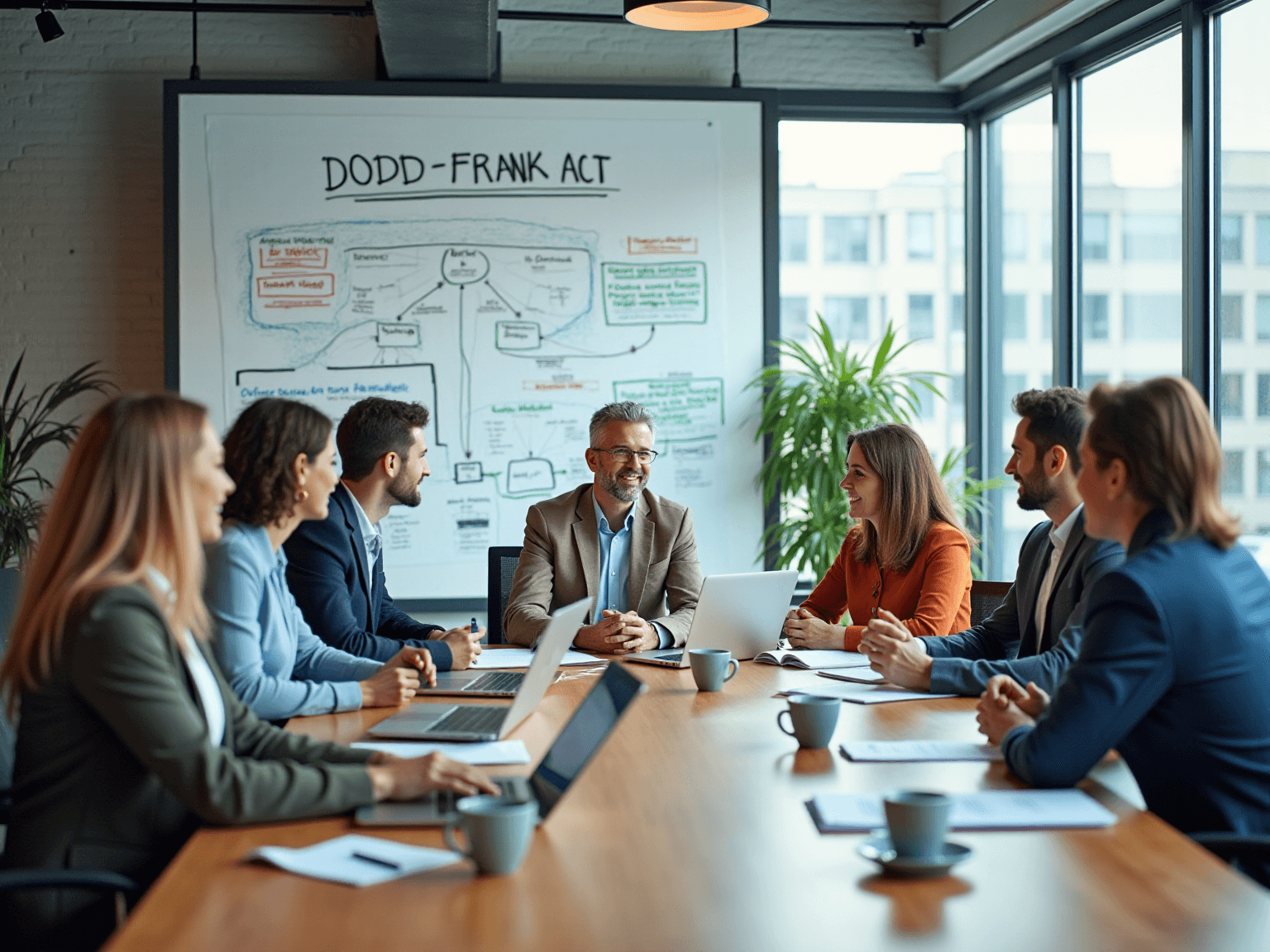 Team at a conference table in front of a whiteboard titled Dodd-Frank Act, with a mind map of rules