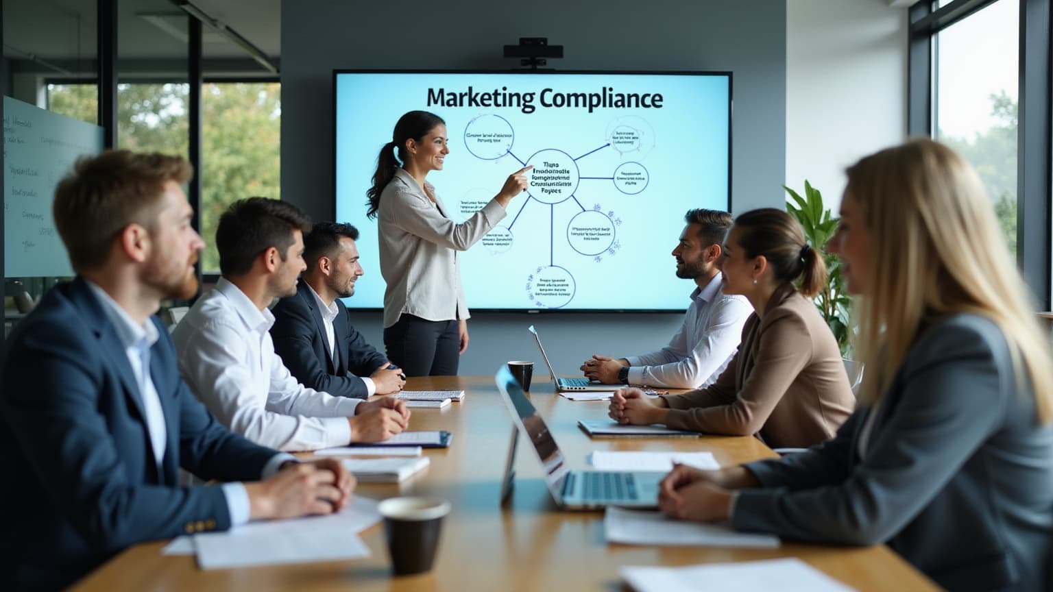 Presenter at a wall screen with a Marketing Compliance mind map, team seated around a conference table