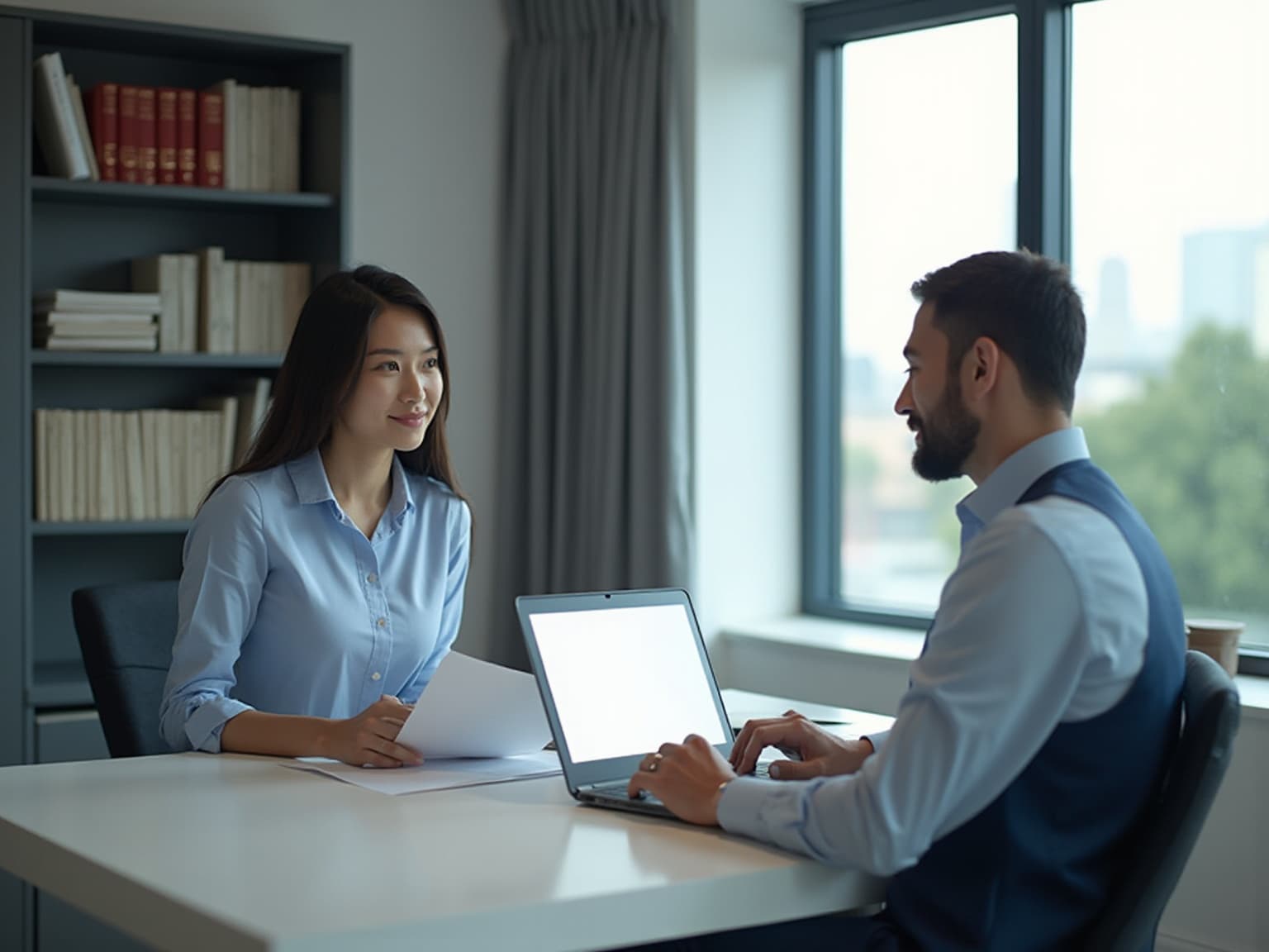 Woman in a light blue shirt talking with a man in a waistcoat across a desk with a laptop
