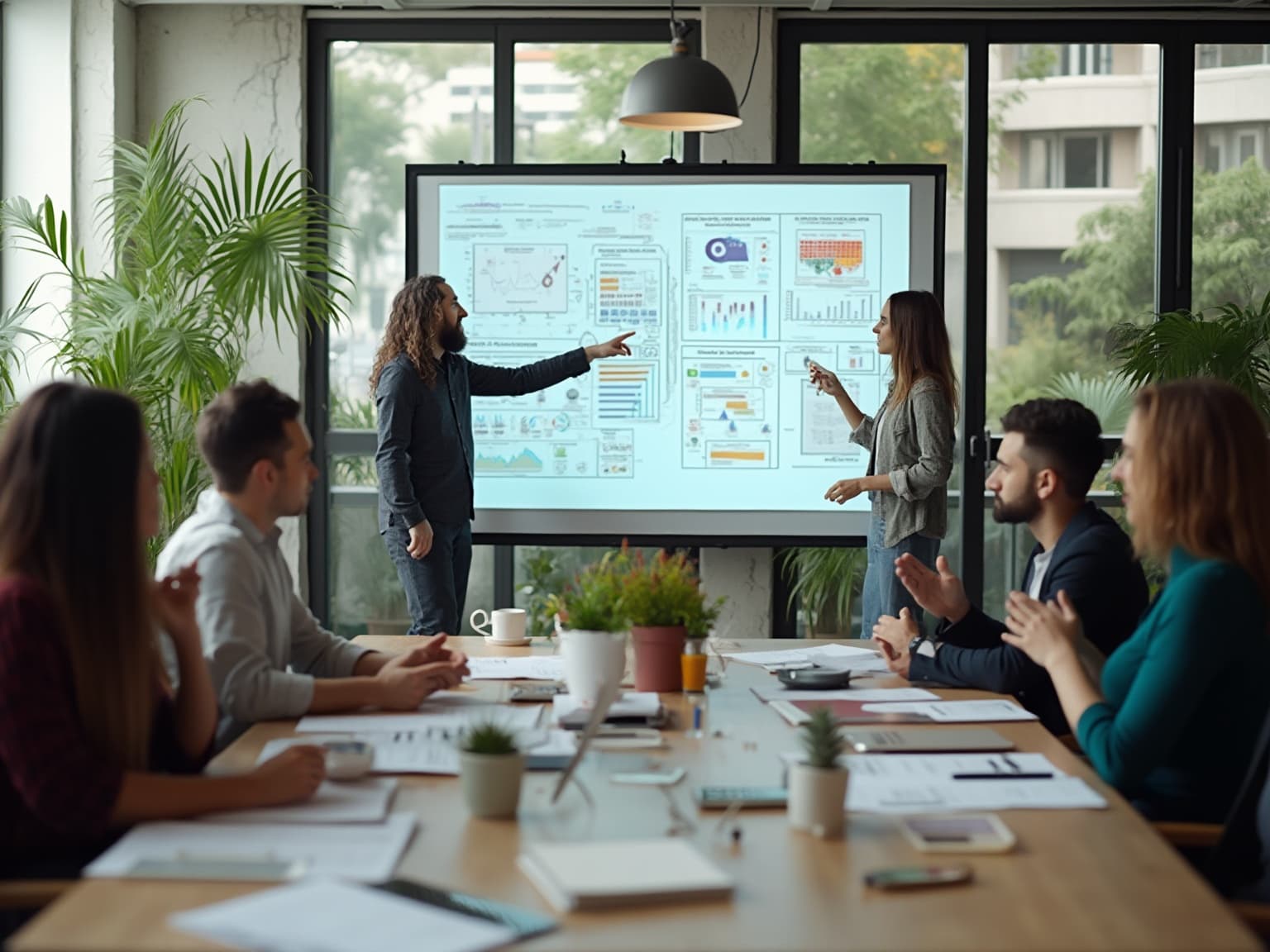 Presenter at a wall screen of charts and diagrams while a team applauds around a long table