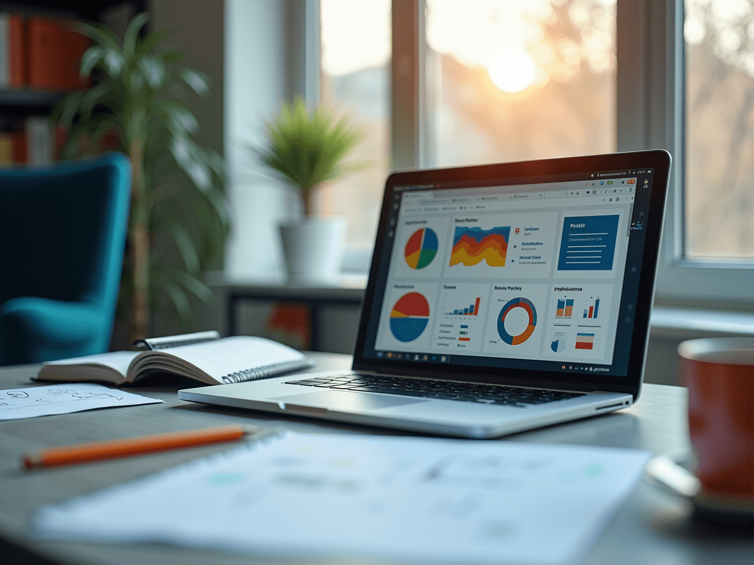 Laptop on a desk showing a dashboard of colorful charts, beside an open notebook and a plant
