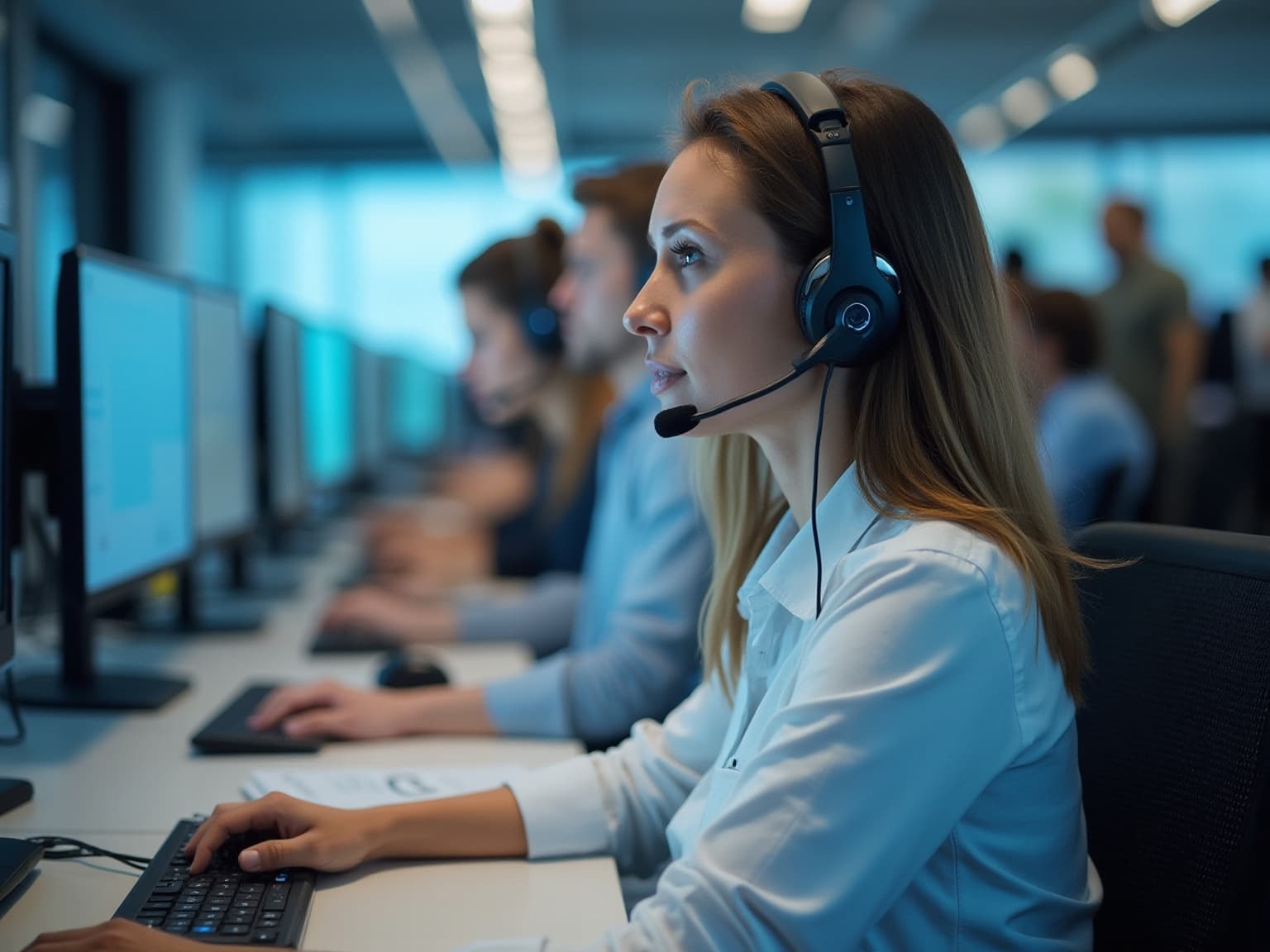 Call center agent in a headset typing at a desk in a bright office