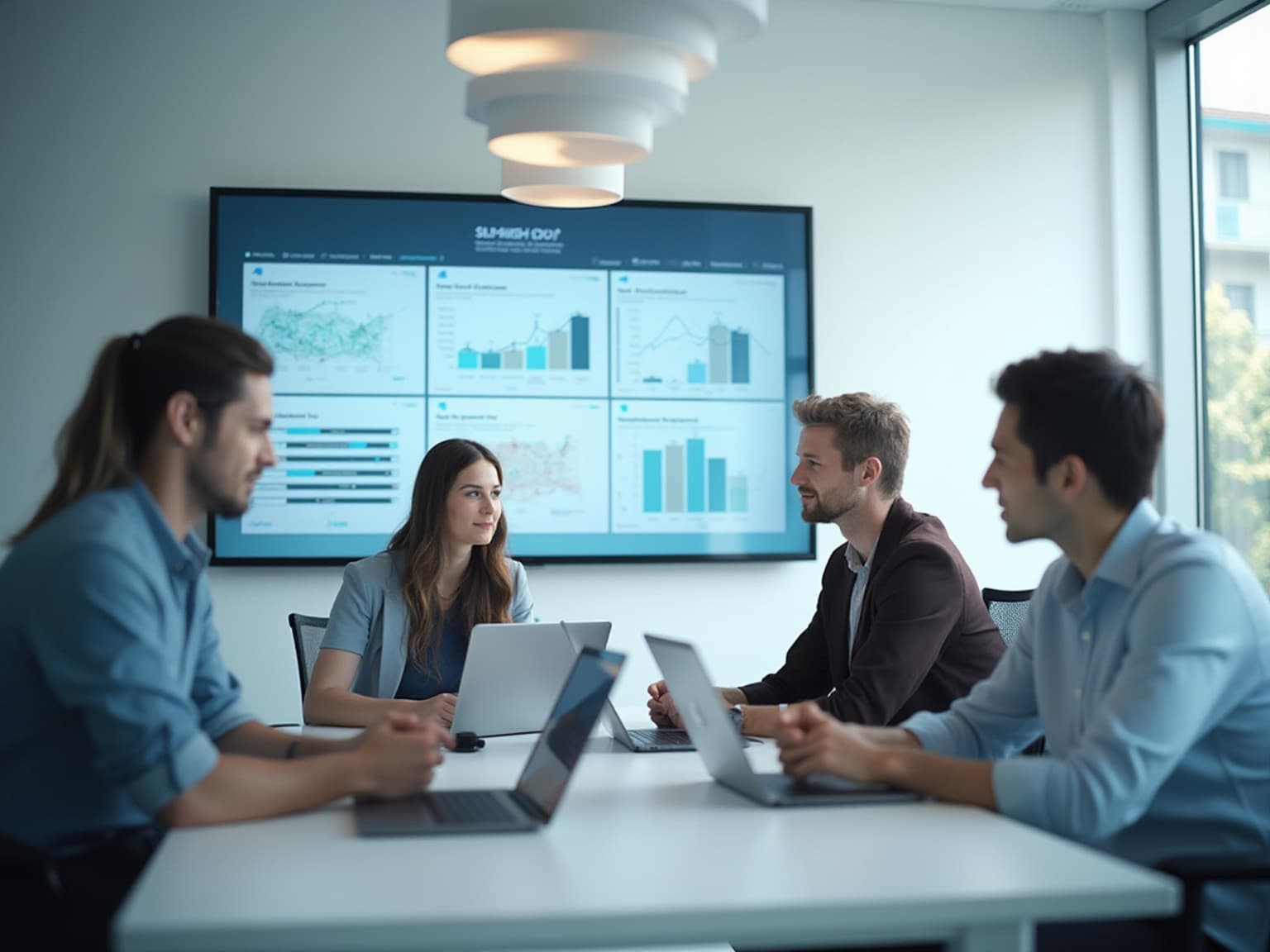 Team at a table with laptops in front of a wall screen of dashboards