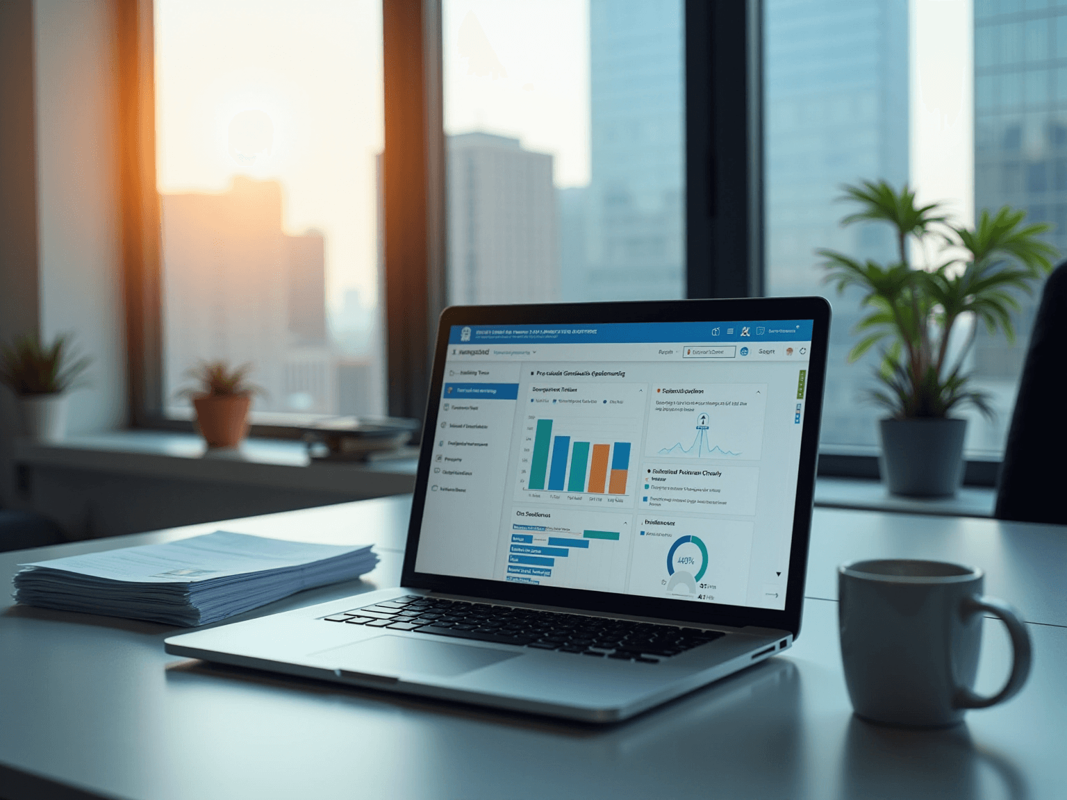 Laptop on a desk showing an audit dashboard with bar charts, beside a plant and mug