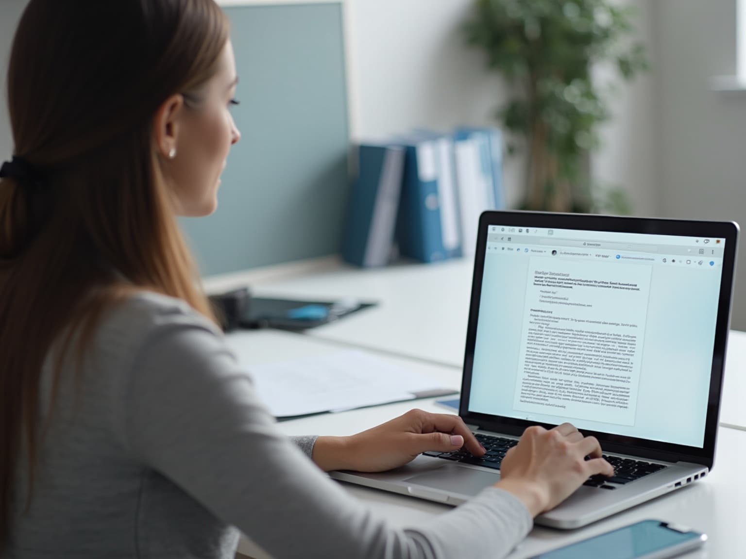 Woman typing on a laptop with a document open on screen
