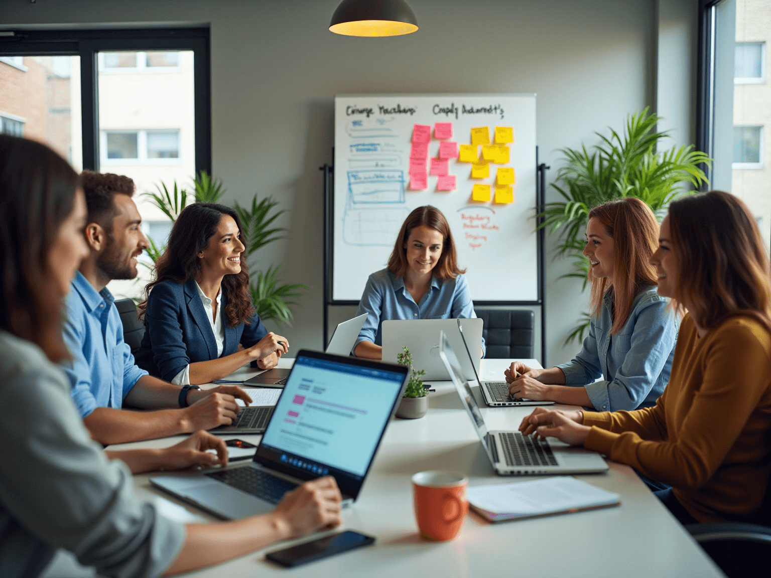 Team collaborating over laptops in a meeting room, with a whiteboard covered in colored sticky notes