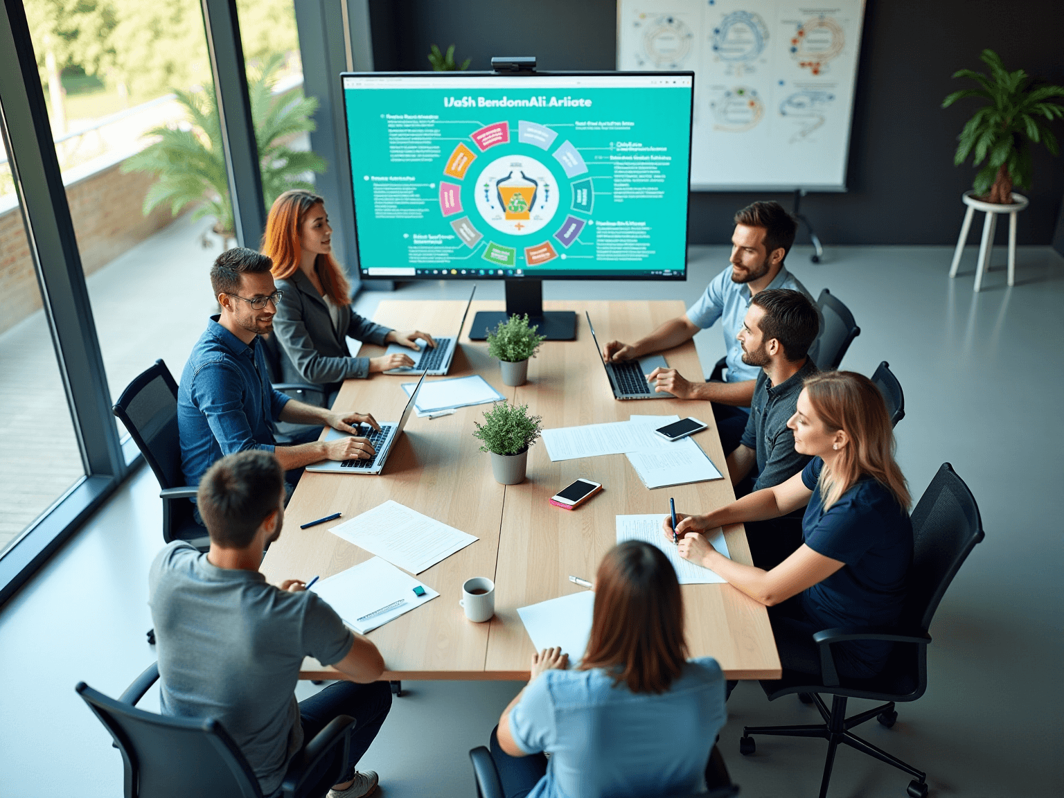 Team at a meeting table watching a teal screen with a colorful wheel diagram around a central shield