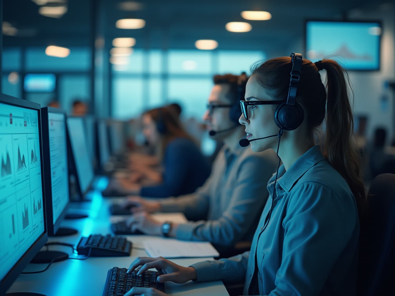 Call center agent in a headset at a desk with a dashboard on the monitor