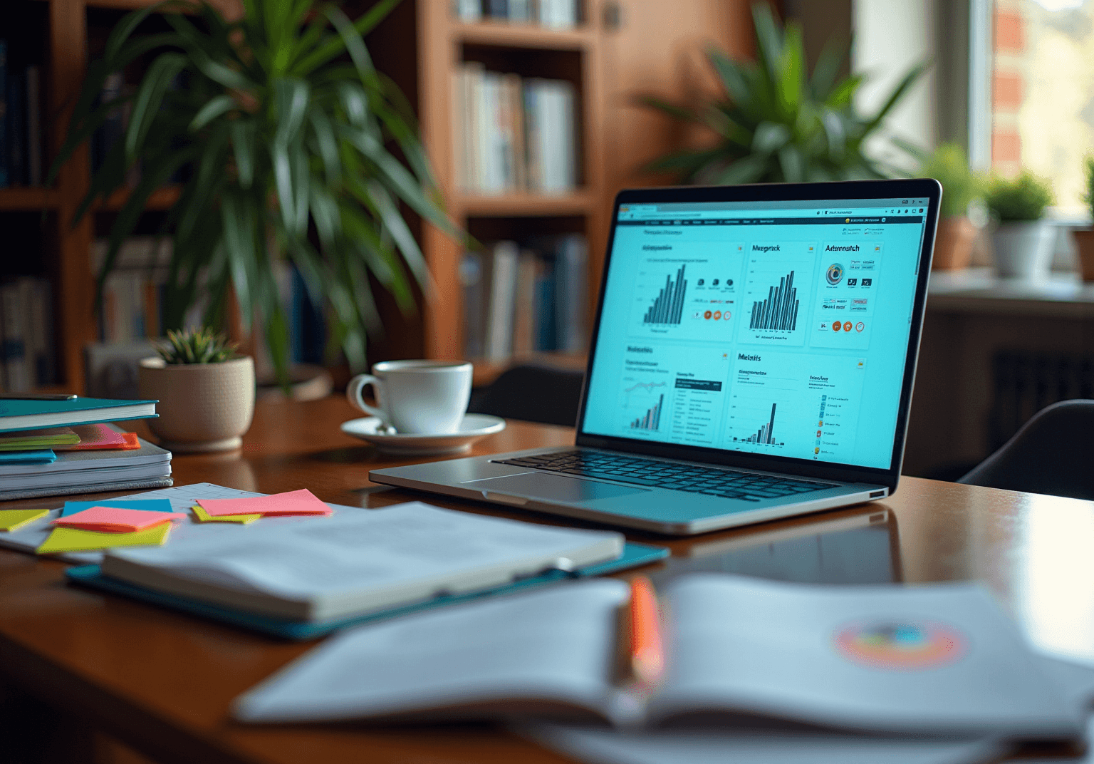 Laptop showing dashboards and bar charts on a wooden desk beside sticky notes and a notebook
