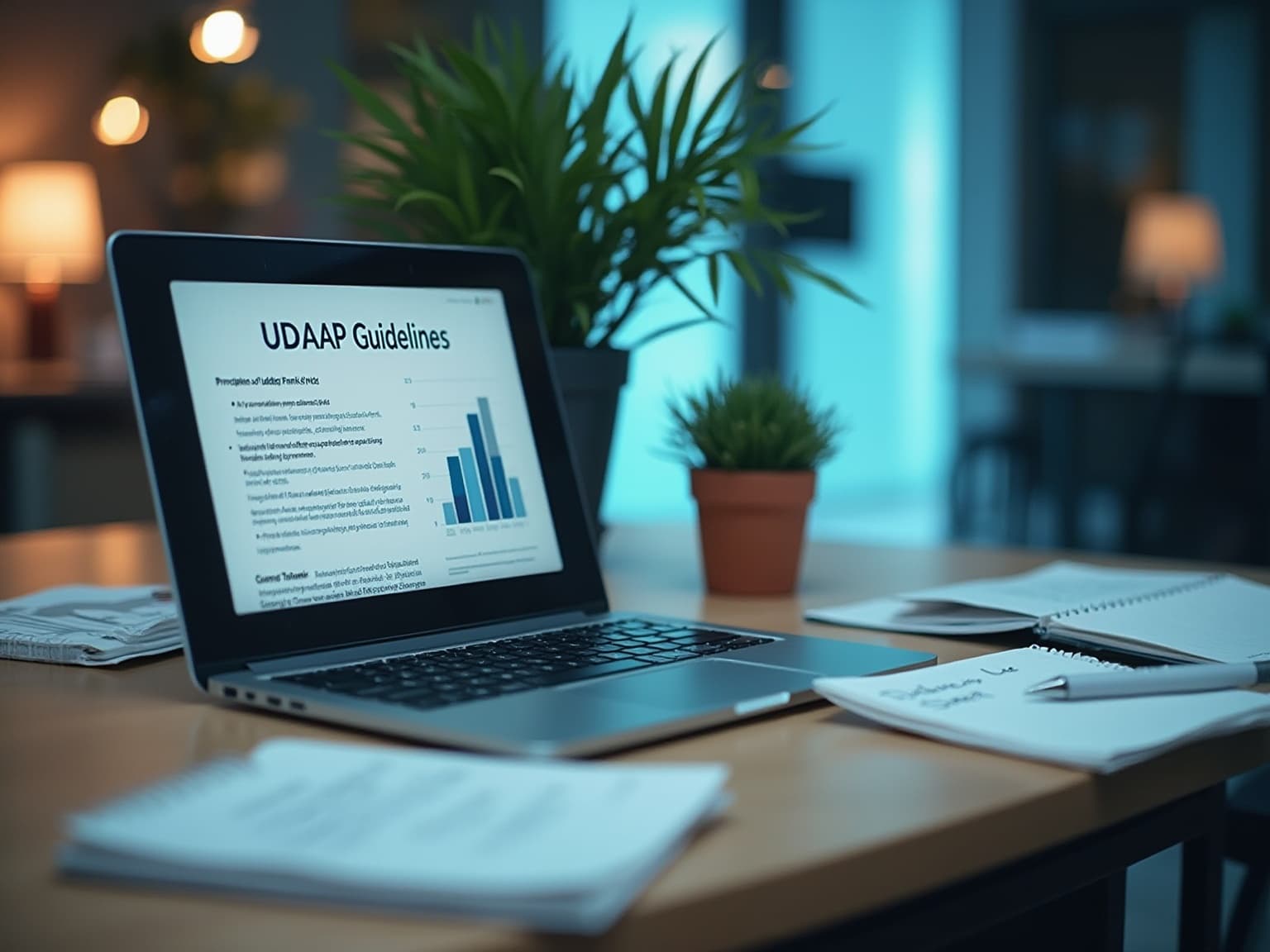 Laptop on a desk showing a UDAAP Guidelines page with a bar chart, beside a plant and notebook