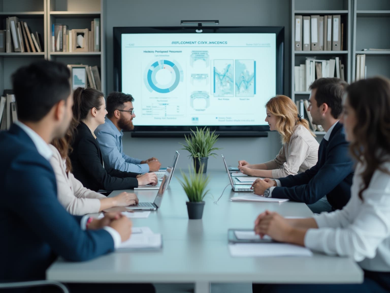Team at a conference table with laptops watching a wall display of charts