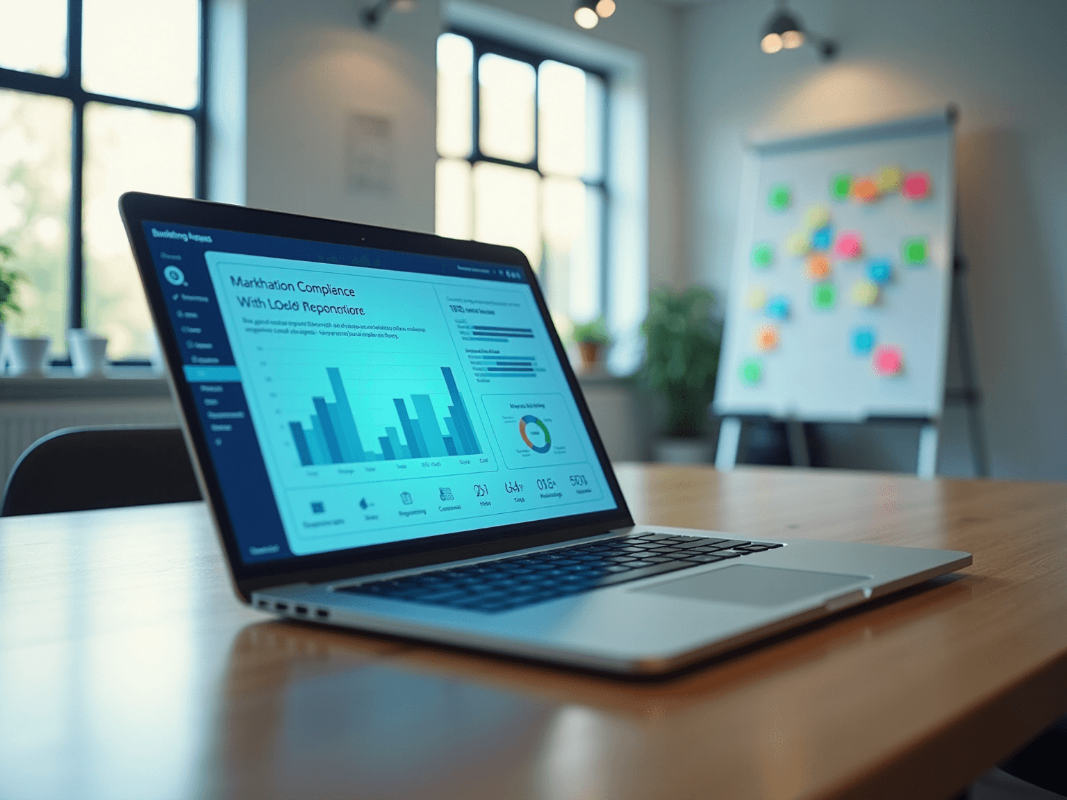 Laptop with a marketing compliance dashboard on a table beside a sticky-note board