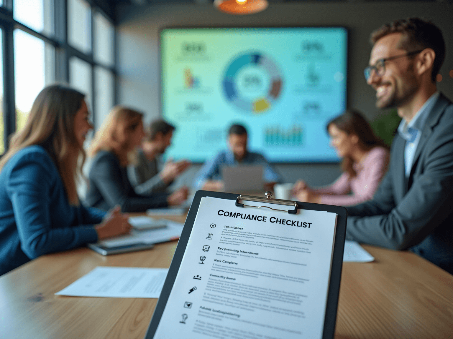 Clipboard titled Compliance Checklist in the foreground, with a team meeting behind it