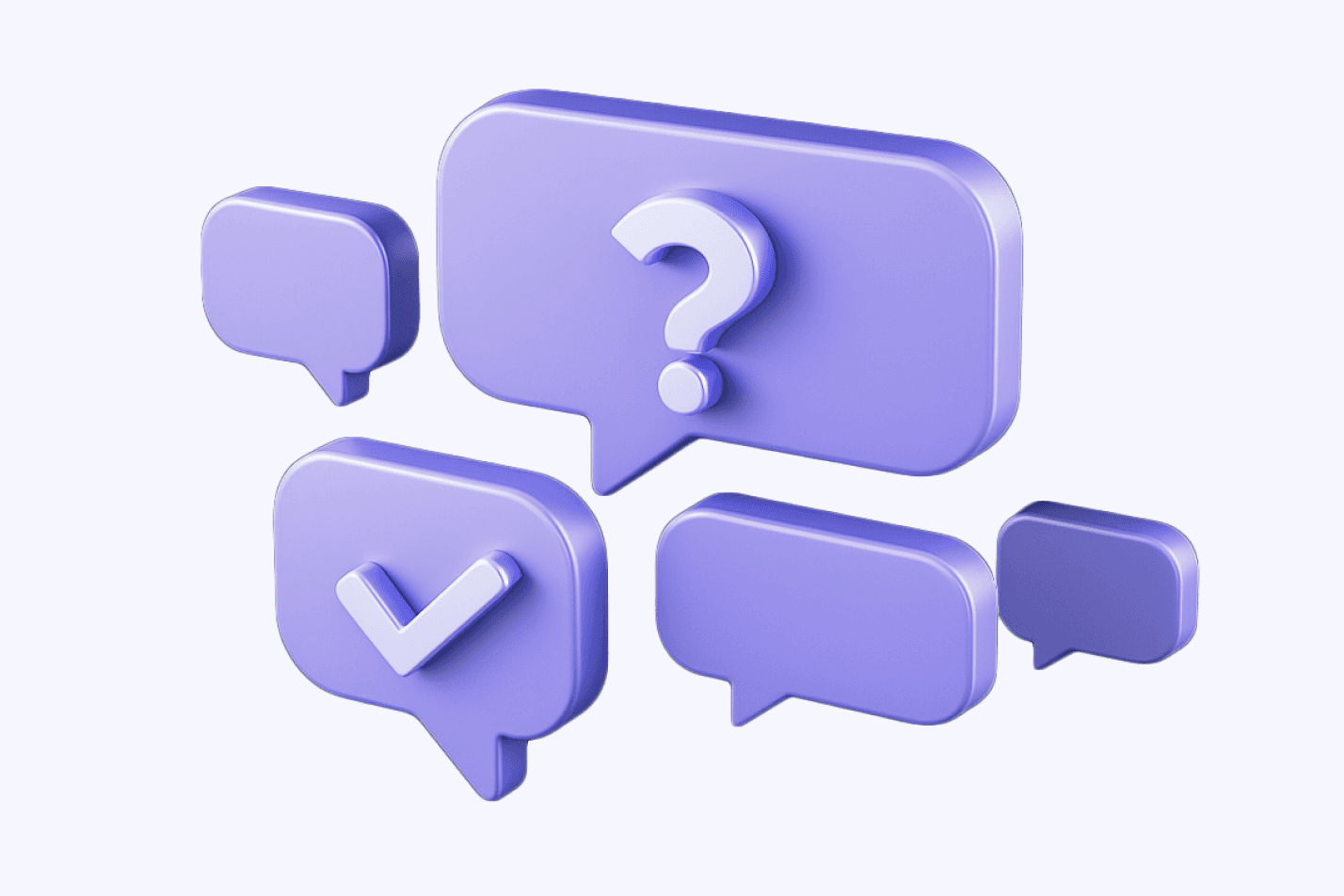 Lavender speech bubbles with a question mark and a tick