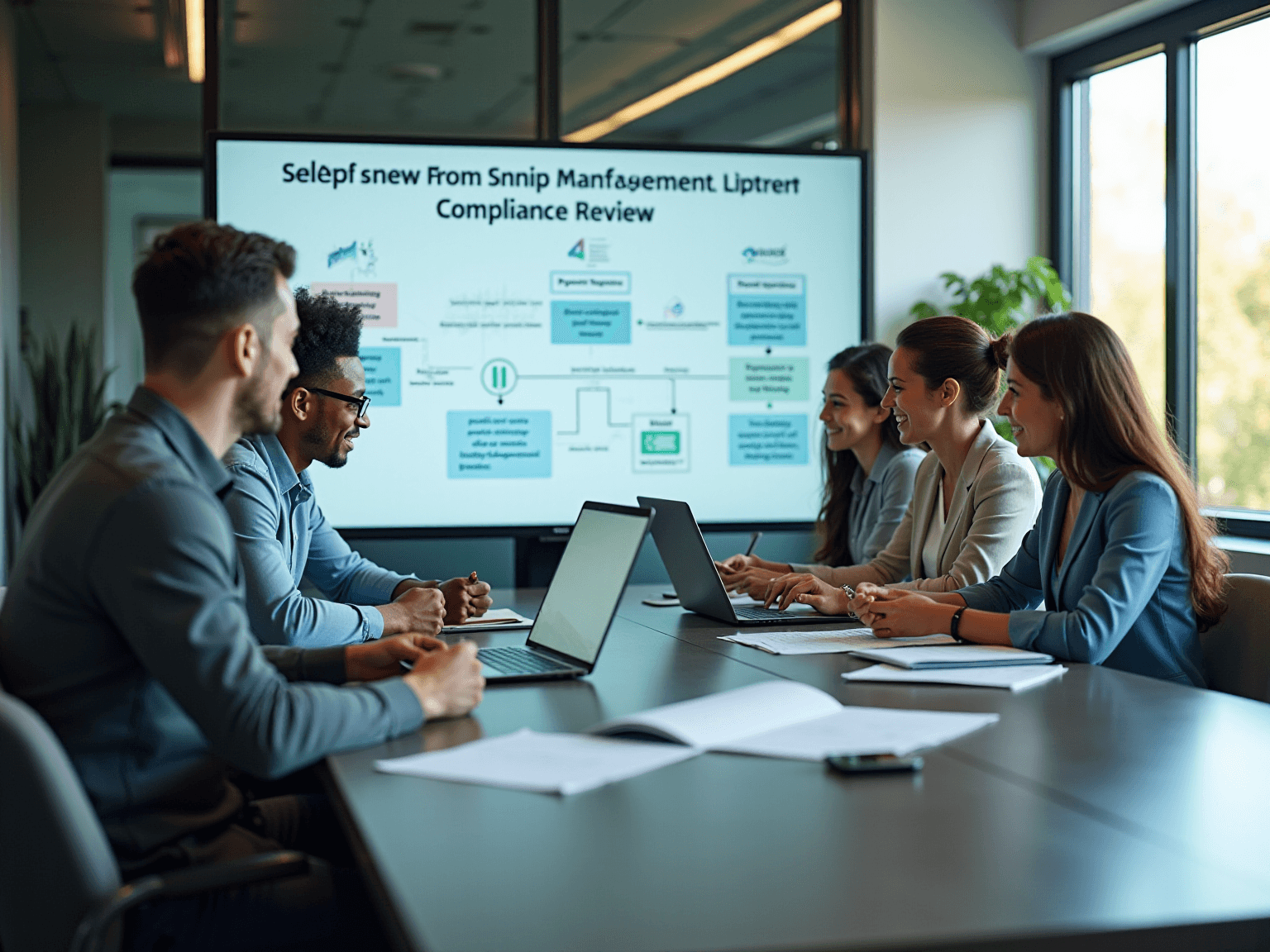 Team in a meeting room facing a wall screen with a flowchart titled Compliance Review