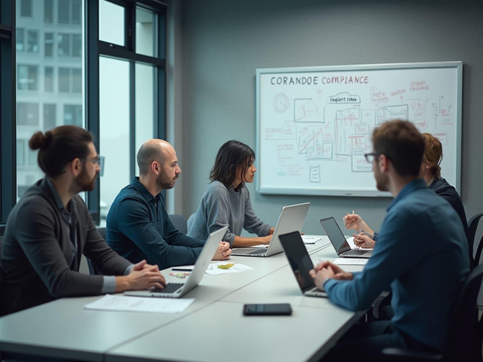 Team with laptops at a table in front of a whiteboard of compliance diagrams