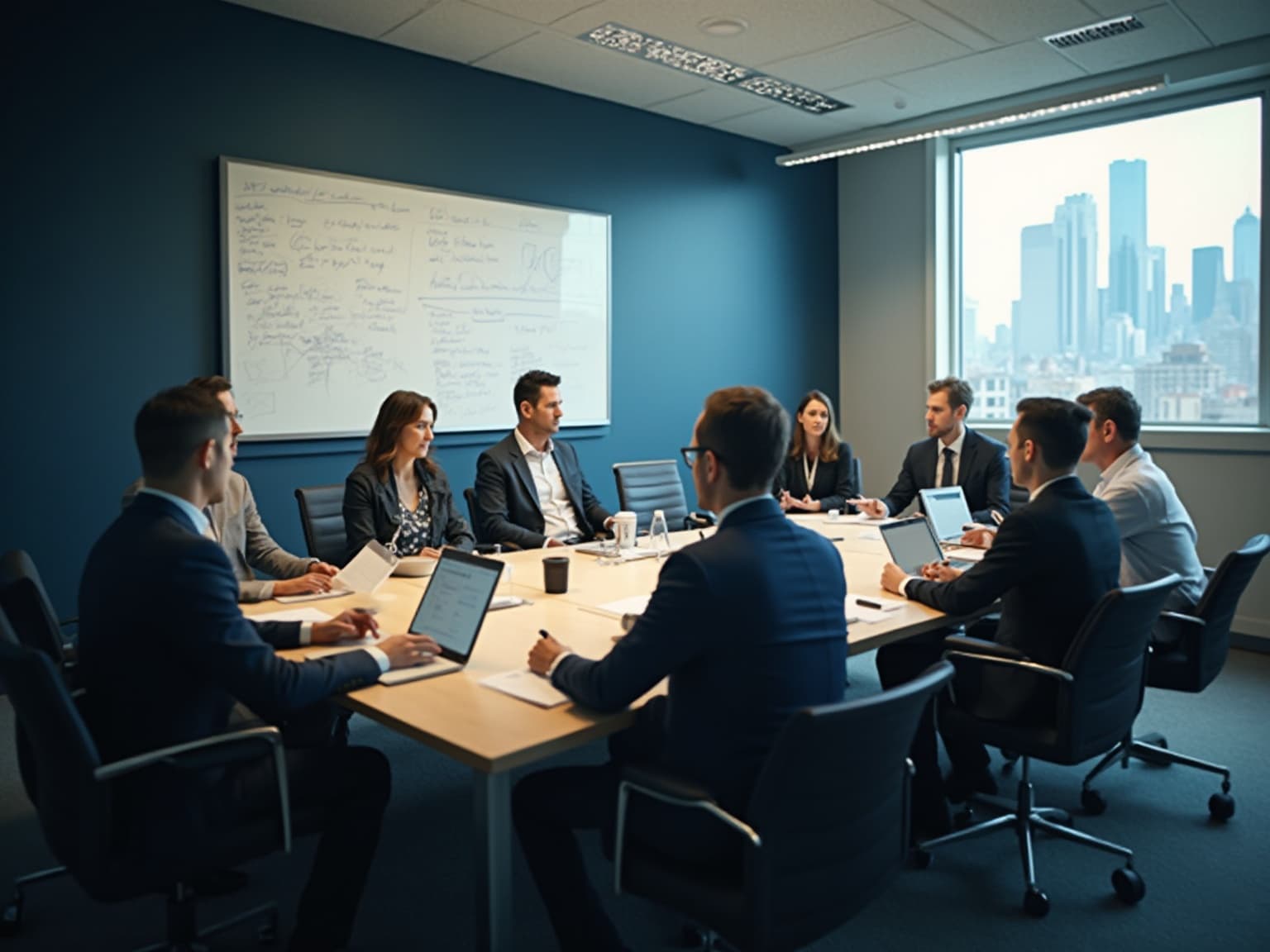 Business team at a conference table beside a whiteboard covered in notes