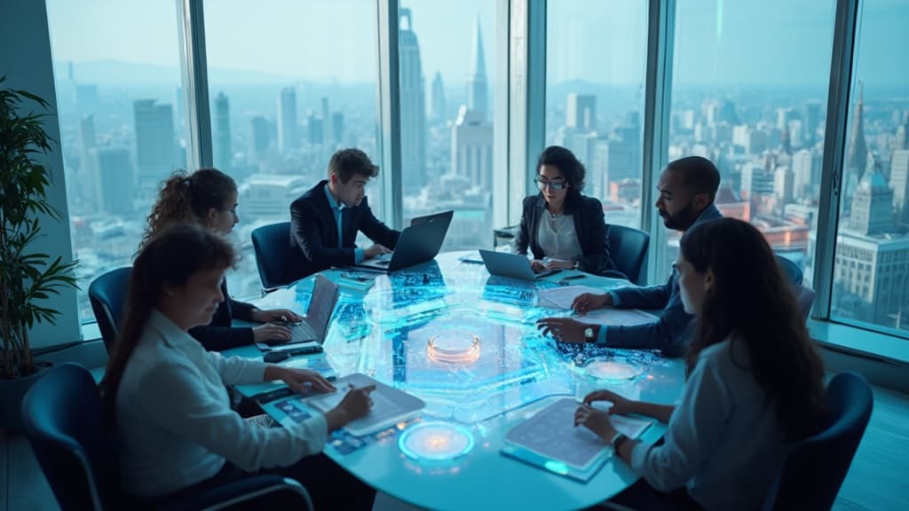 Team at a glass table with a glowing holographic data display, with city view