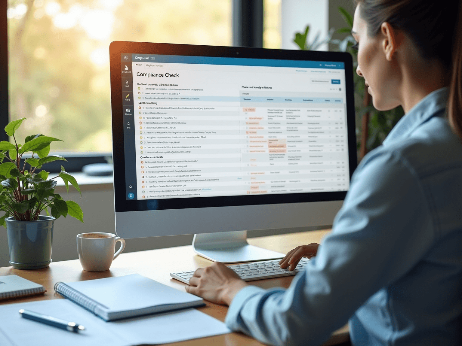 Woman at a desk reviewing a Compliance Check table of color-coded flagged items on a monitor