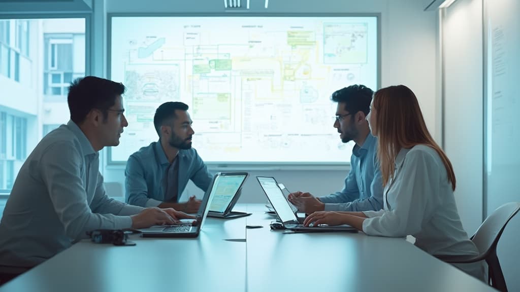 Team at a table with laptops, facing a whiteboard of diagrams