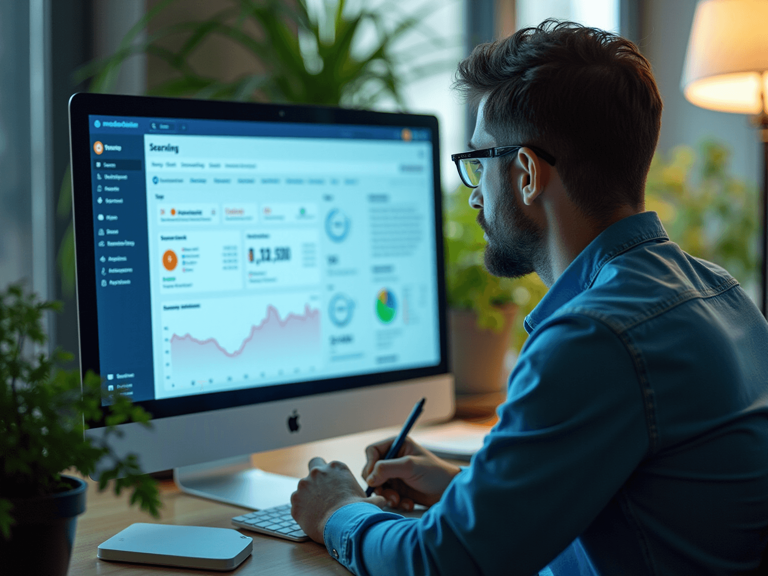 Man with glasses reviewing an analytics dashboard with line and pie charts on a desktop monitor