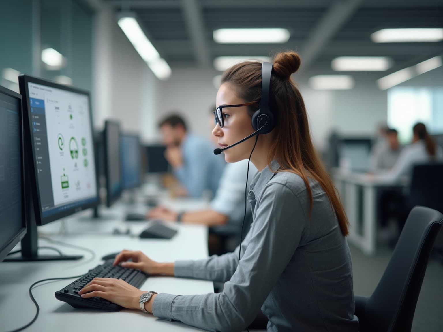 Agent wearing a headset at a computer, with a call-monitoring dashboard on screen