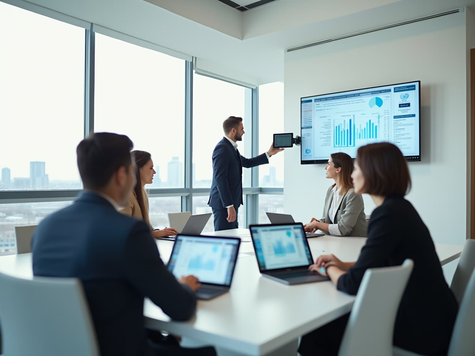 Presenter holding a tablet beside a wall screen of charts during a team meeting
