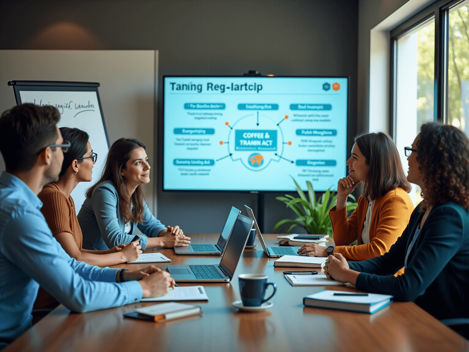 Team in a meeting room watching a wall screen with a diagram of a regulatory act