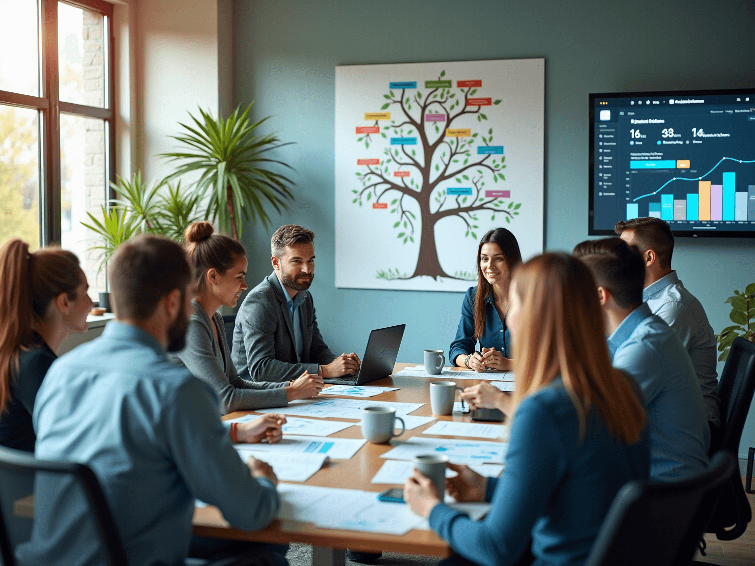 Team in a meeting room with a whiteboard tree diagram and a wall screen showing a dashboard with bar charts